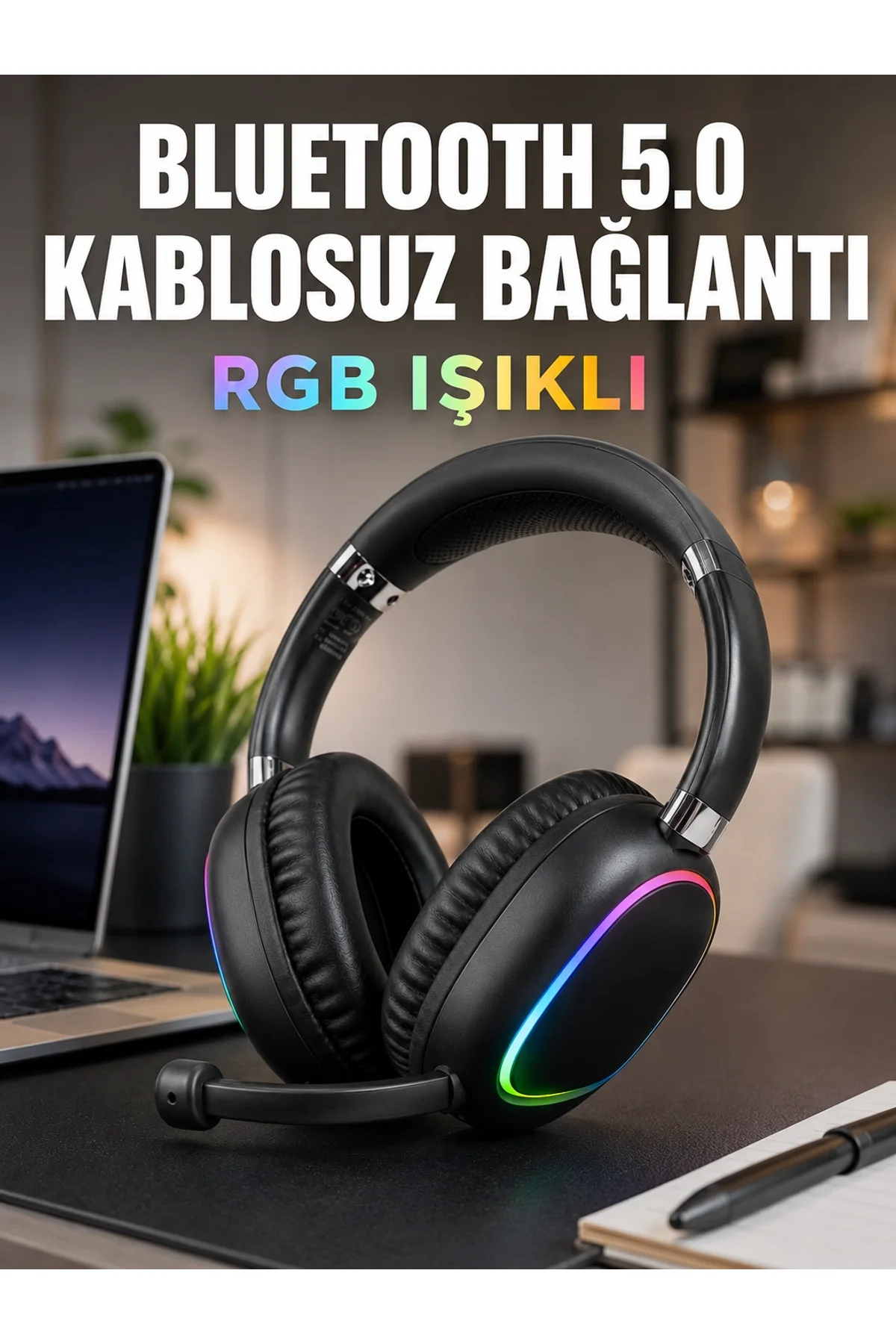Bluetooth 5.0 Kablosuz Kulak Üstü Kulaklık Mikrofonlu Rgb Aydınlatmalı