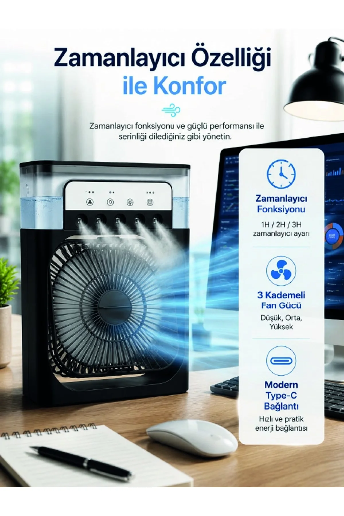 Su Hazneli Püskürtmeli Fan 1-3-5 Püskürtme Seçeneği, Type-c Güç Girişi