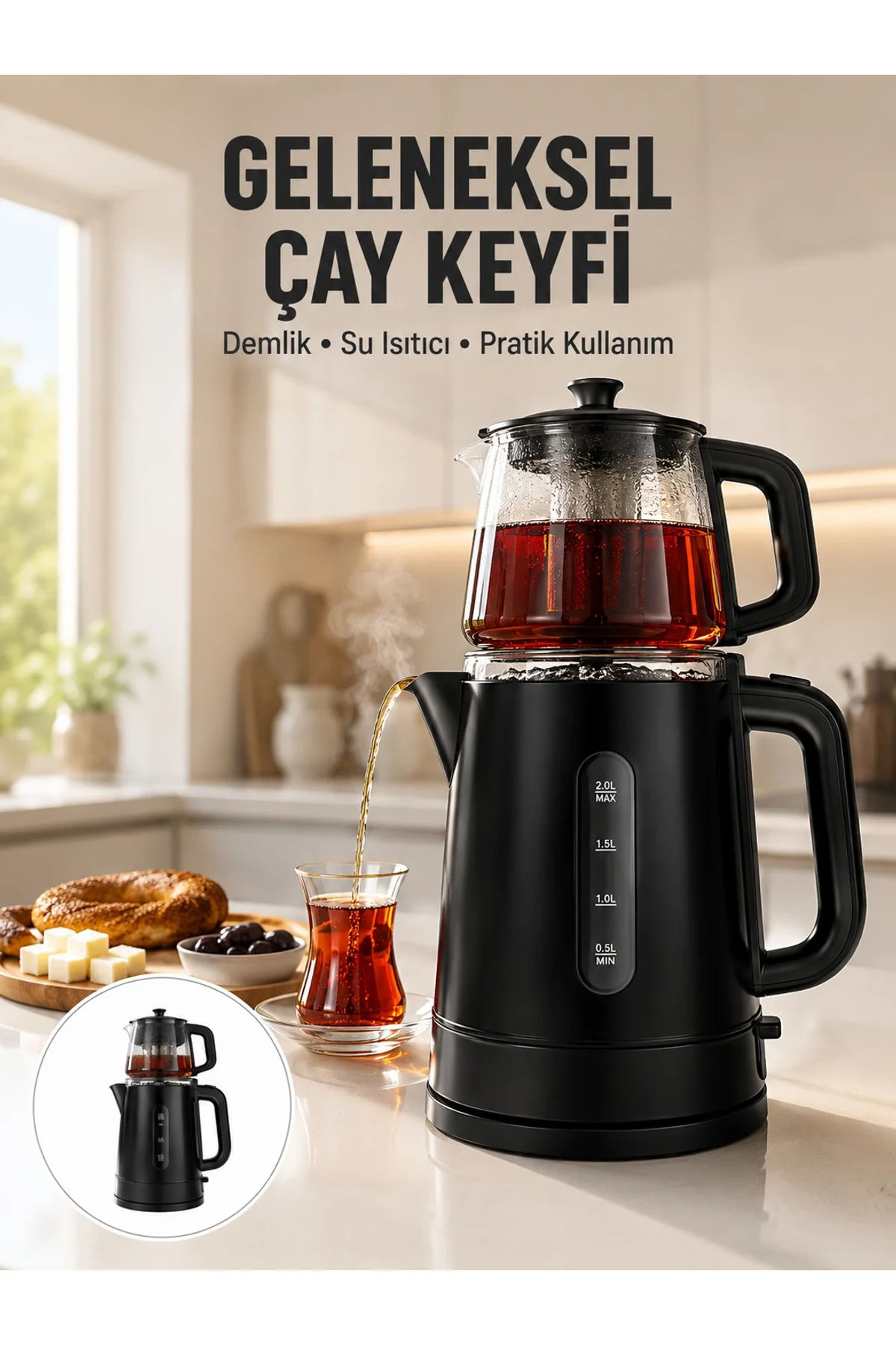 0,9 L Cam Demlik Ve 1,7 L Su Haznesi İle Çay Keyfi Yeni Nesil