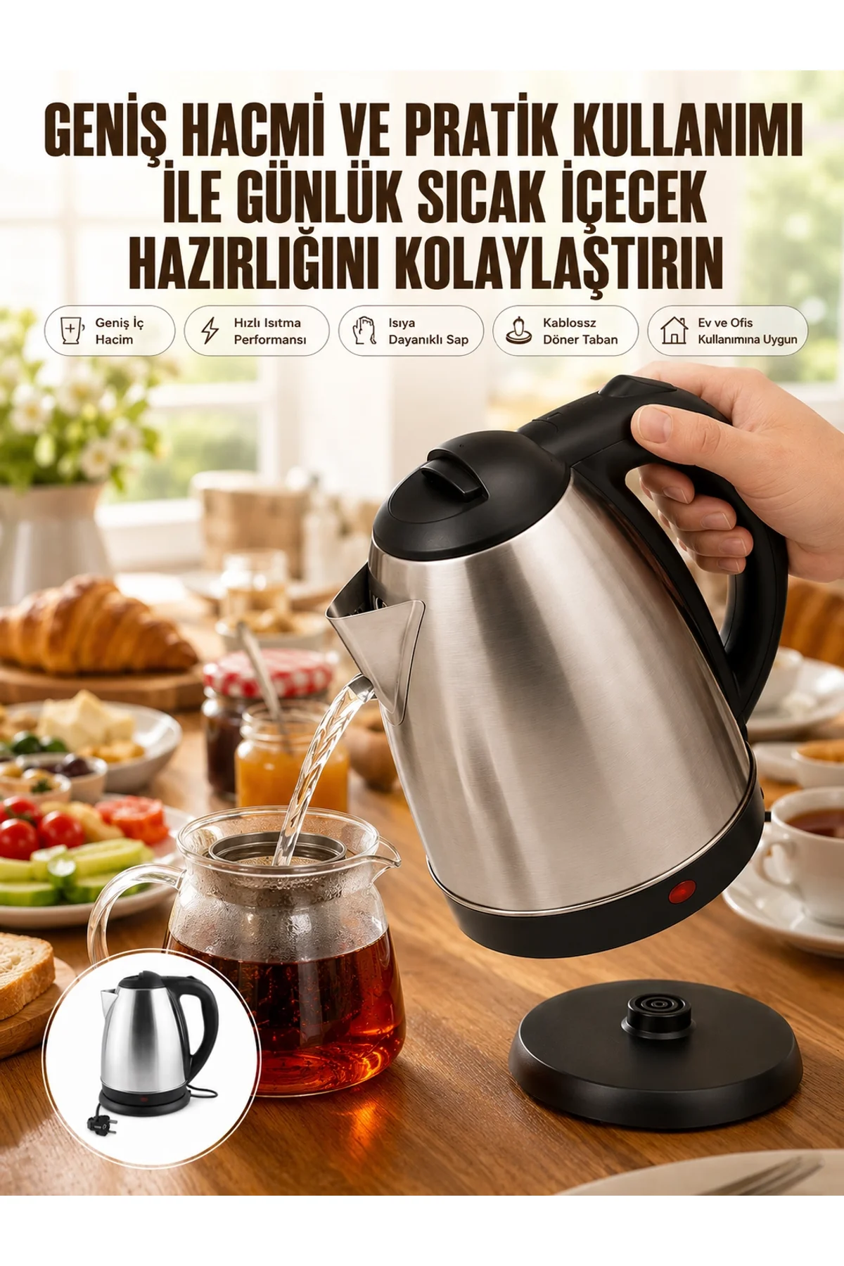 Kettle Su Isıtıcı C F Priz Uyumlu 220 - 240 V Paslanmaz Çelik Kablolu
