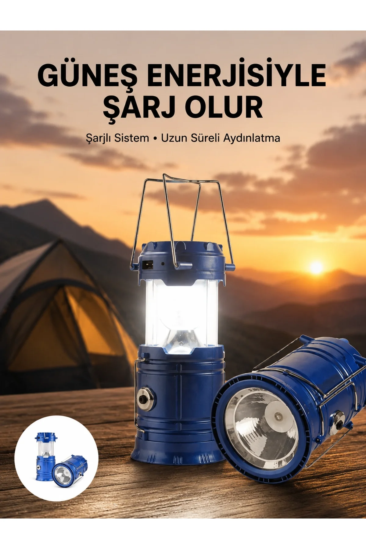 Kamp Feneri Şarj Edilebilir Güneş Enerjili Işıldak Usb Şarjlı