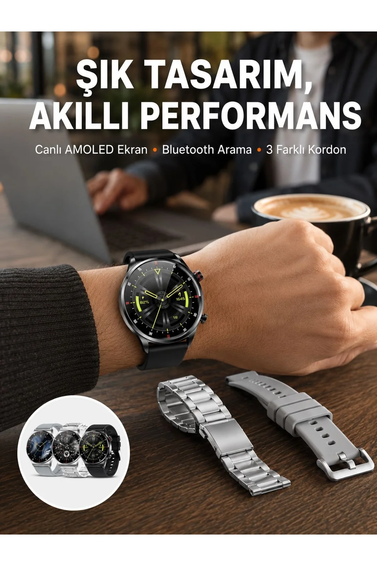 Akıllı Saat Çoklu Kordon Seçeneği Amoled Ekran Çok Fonksiyonlu Bluetooth Bağlantılı Yeni Nesil