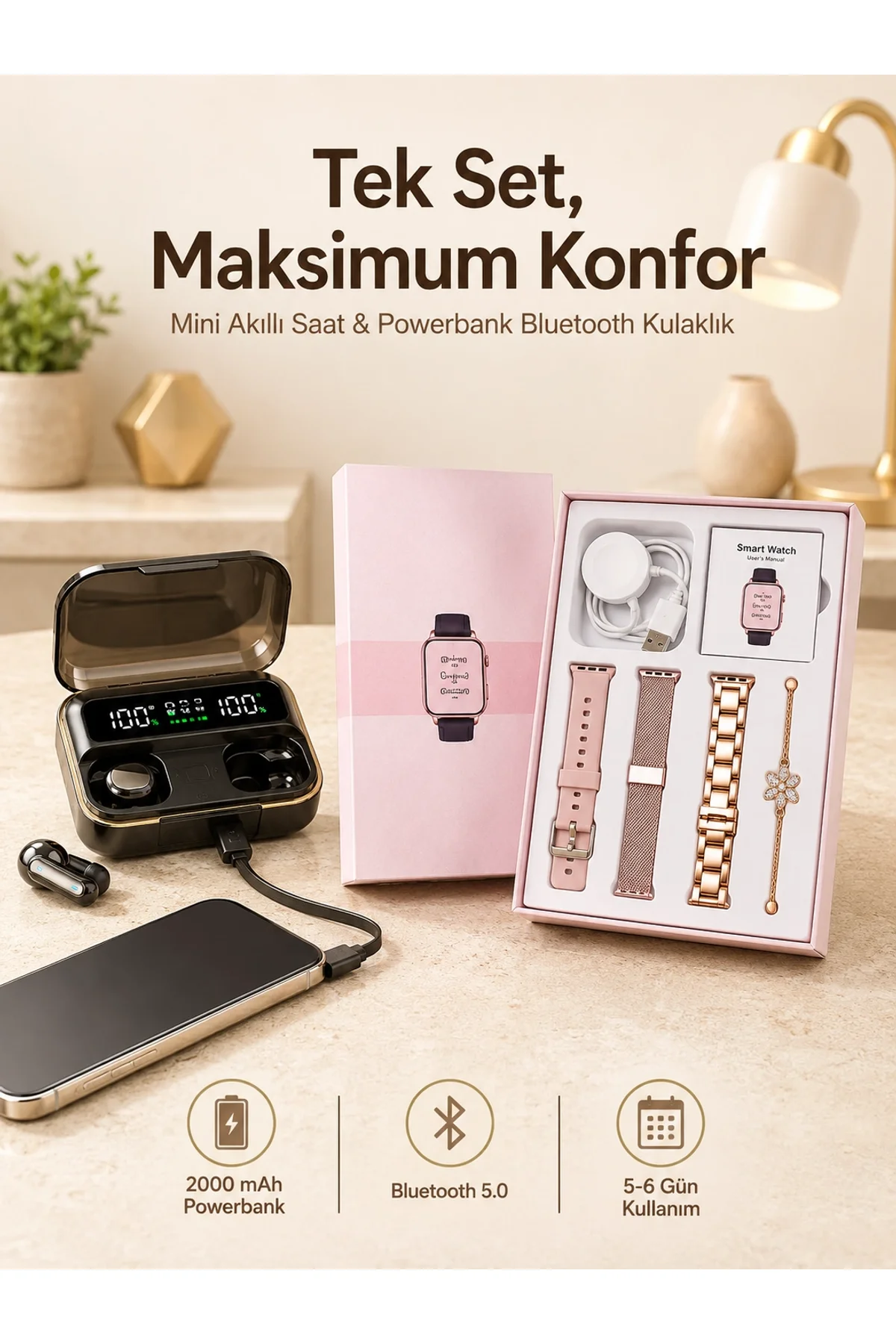 Bileklikli Amoled Ekran Akıllı Saat Ve Dijital Göstergeli Kablosuz Bluetooth Kulaklık Anc/ Enc