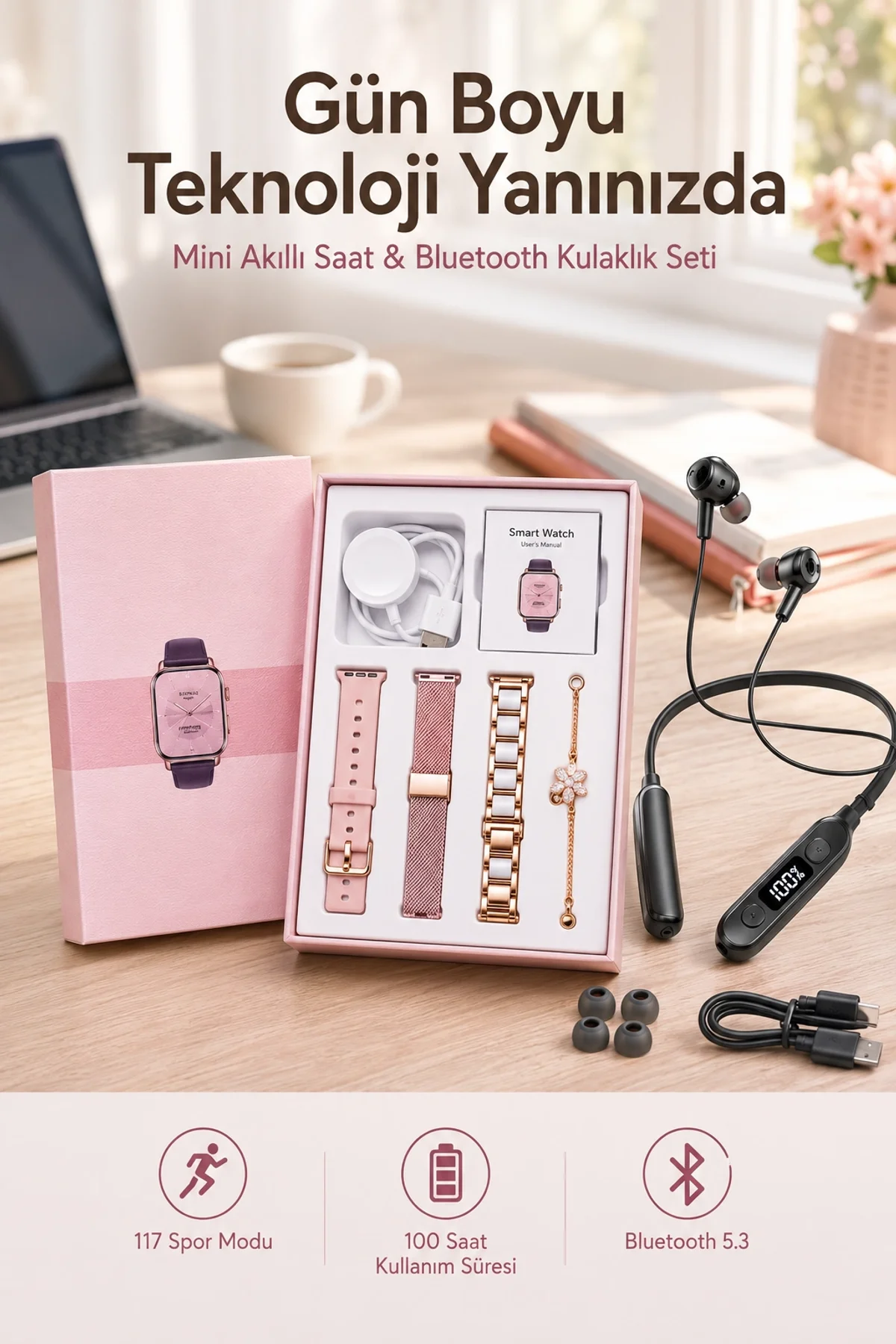 Kablolu Bluetooth Kulaklık Ve Kadınlara Özel Bileklik Hediyeli Yeni Nesil Akıllı Saat 3 Kordonlu