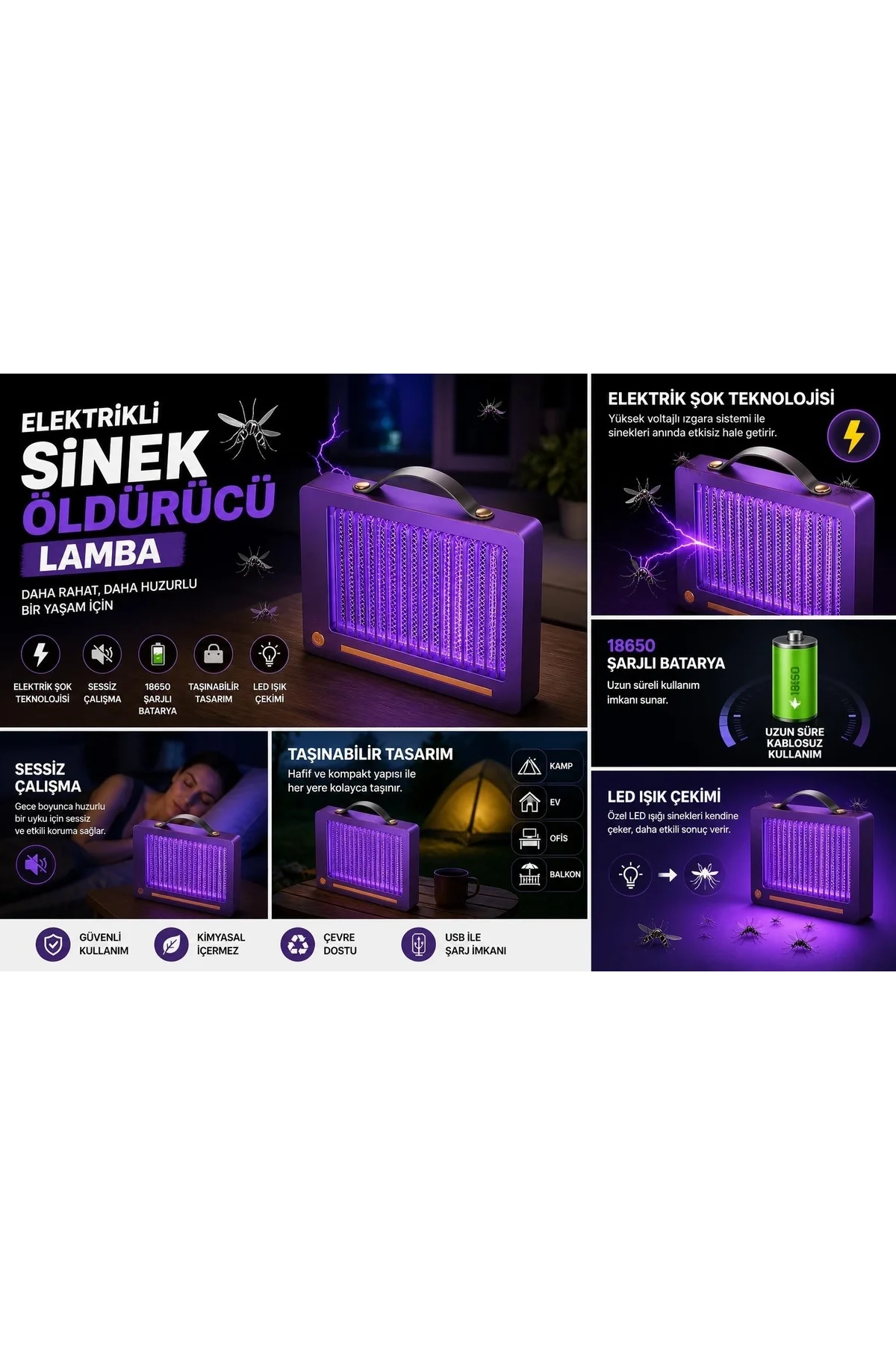 Elektrikli Sinek Öldürücü Lamba | Şarjlı, Sessiz, Led Işıklı Etkili Koruma - Just Cheap Store Görsel 4