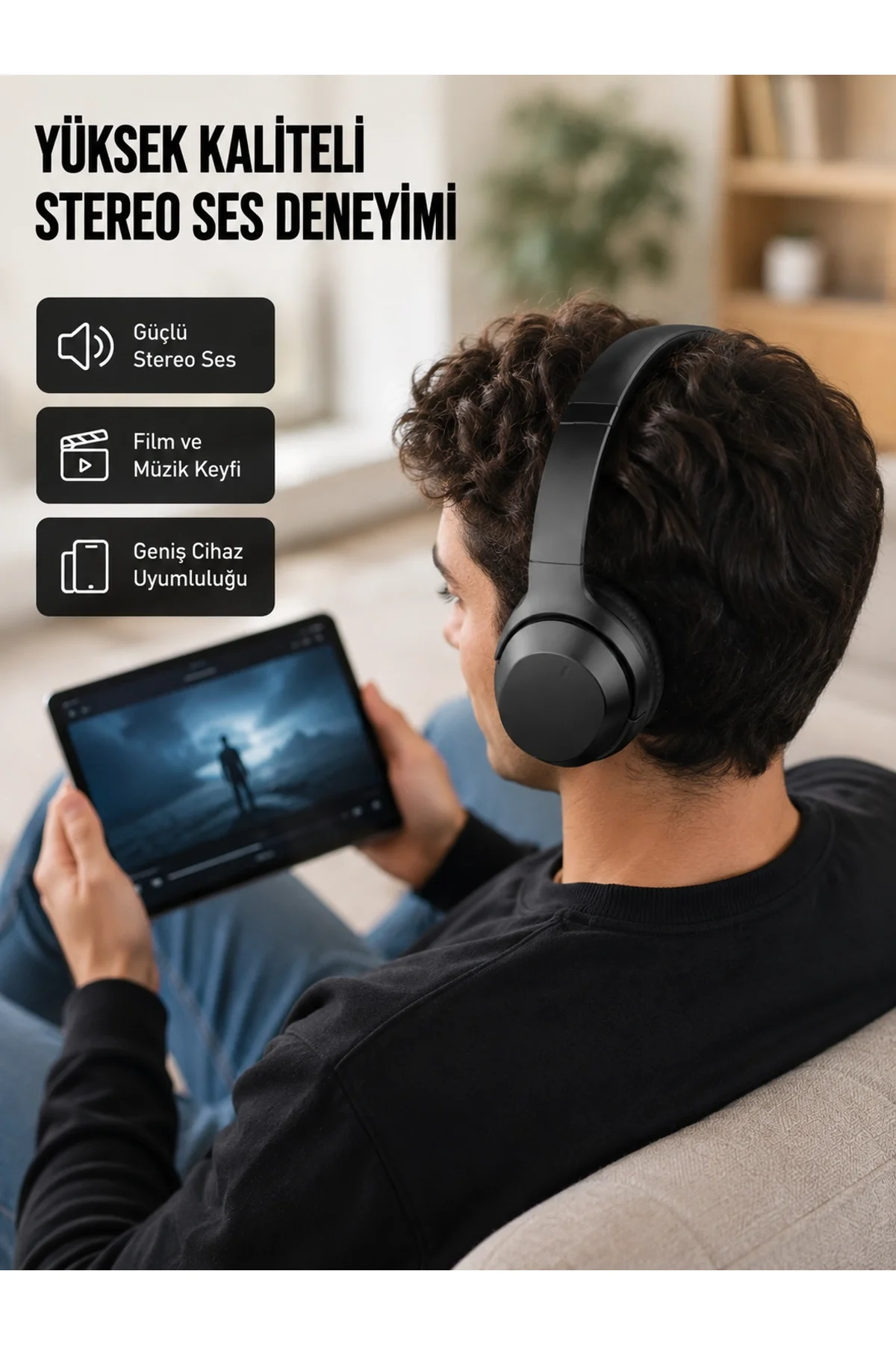 Bluetooth 5.0 Siyah Kablosuz Kulaklık 18 Saat Batarya Katlanabilir Tasarım Yeni Nesil