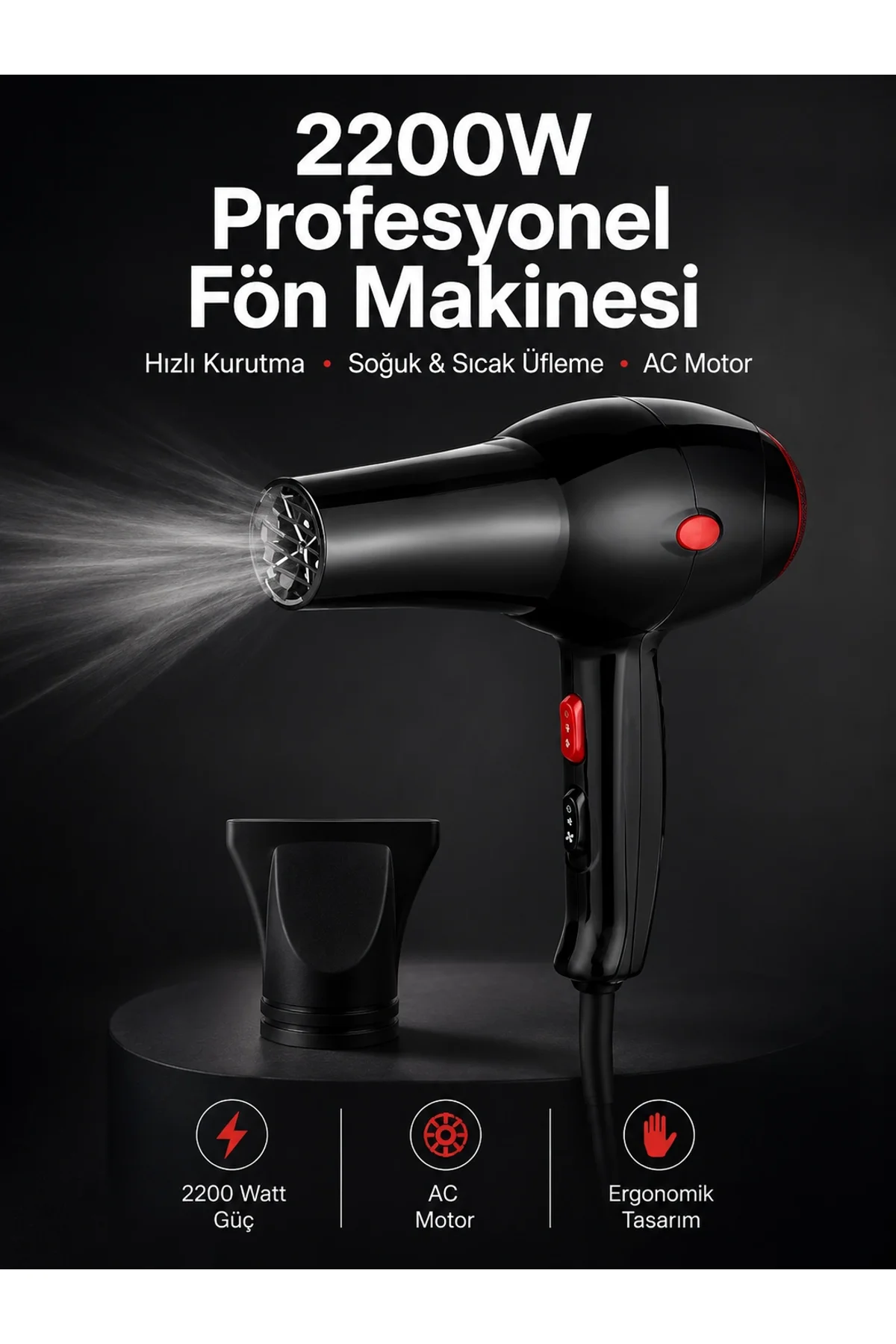 Tüm Saç Tiplerine Uygun, İki Kademeli Hız Ayarlı Fön Makinesi