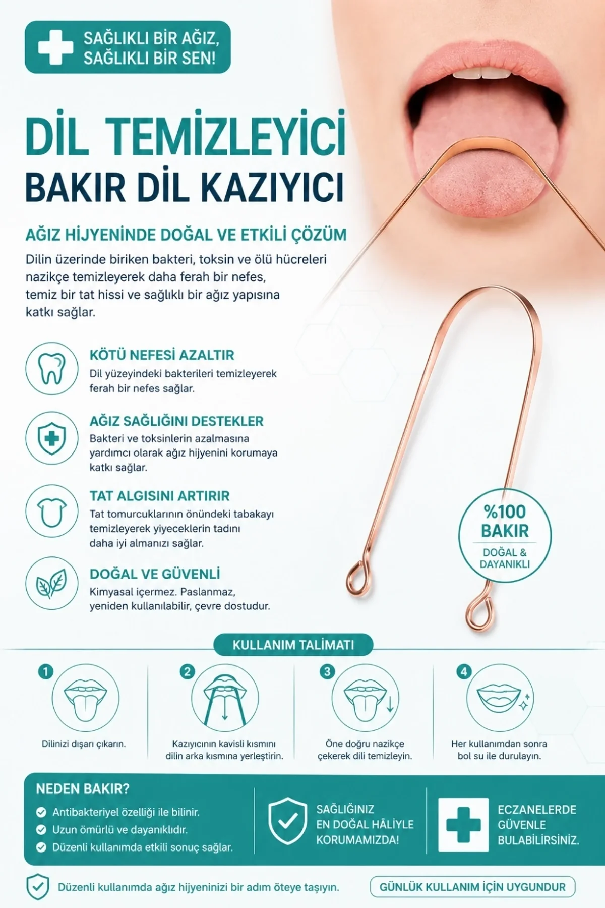 Bakır Dil Temizleme Atı – Dil Temizleyici – Ağız Bakım Atı – Dil Kazıyıcı – Metal Dil Temizleme Ekip - Just Cheap Store Görsel 2