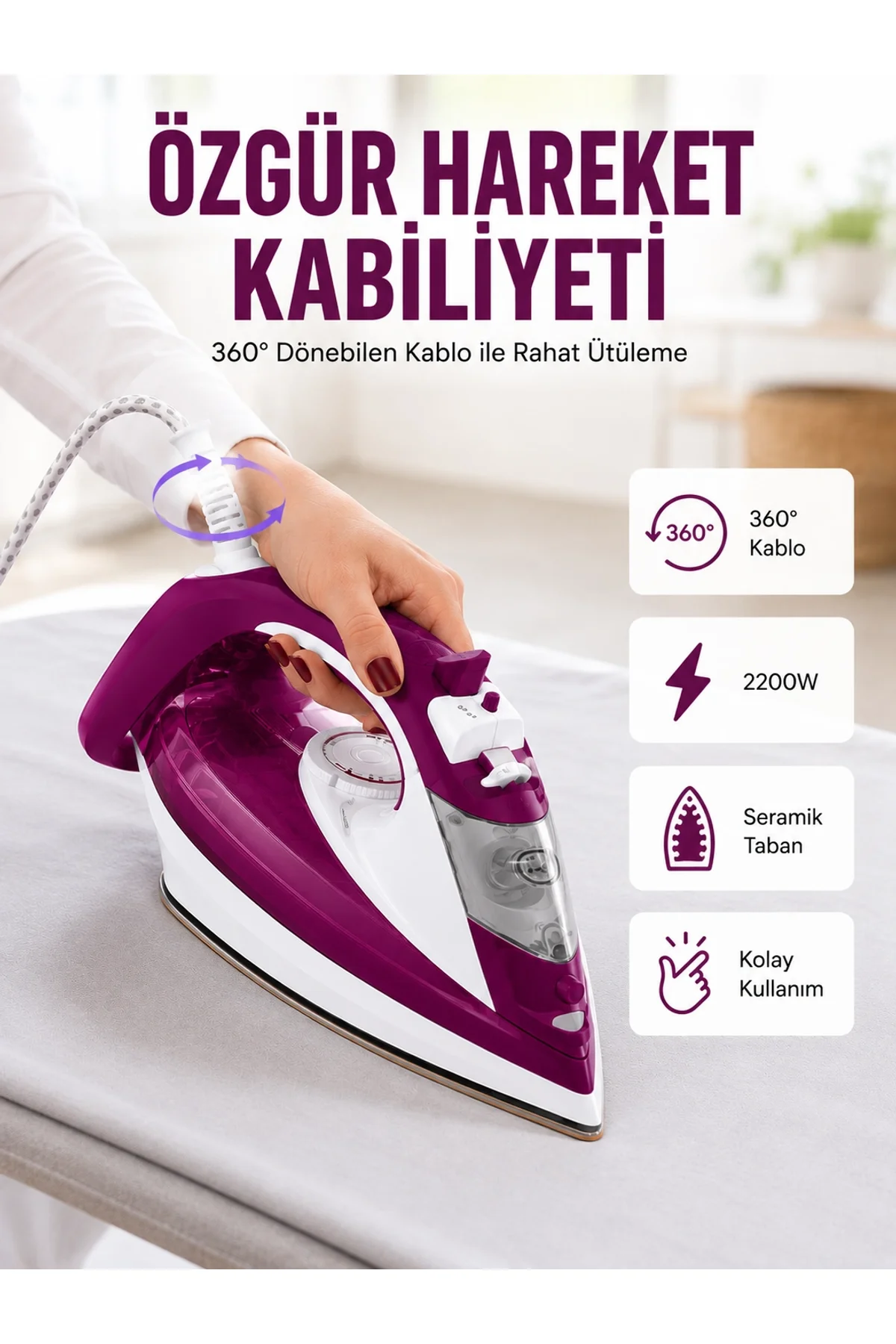 2200w Seramik Kaplama Es Tasarımı 360 Derece Dönebilir Kablosu Yeni Nesil