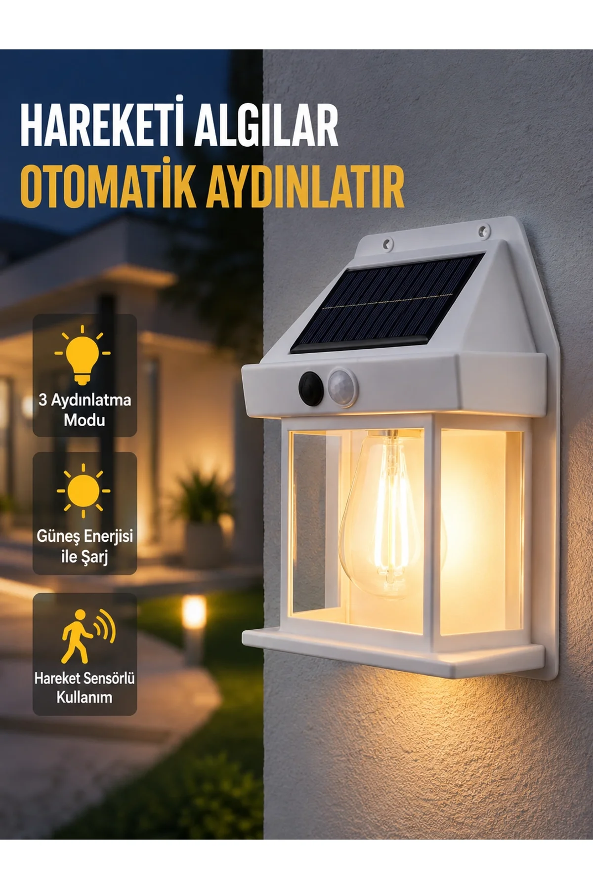 Üç Modlu Güneş Enerjili Duvar Lambası 1800mah Bataryalı Ve Hareket Sensörlü