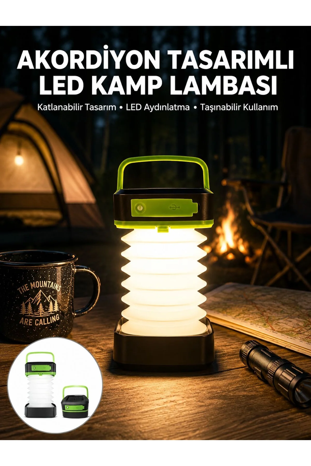 Katlanabilir Kamp Lambası Akordiyon Lamba Şarjlı 3 Kademeli Solar Yeni Nesil