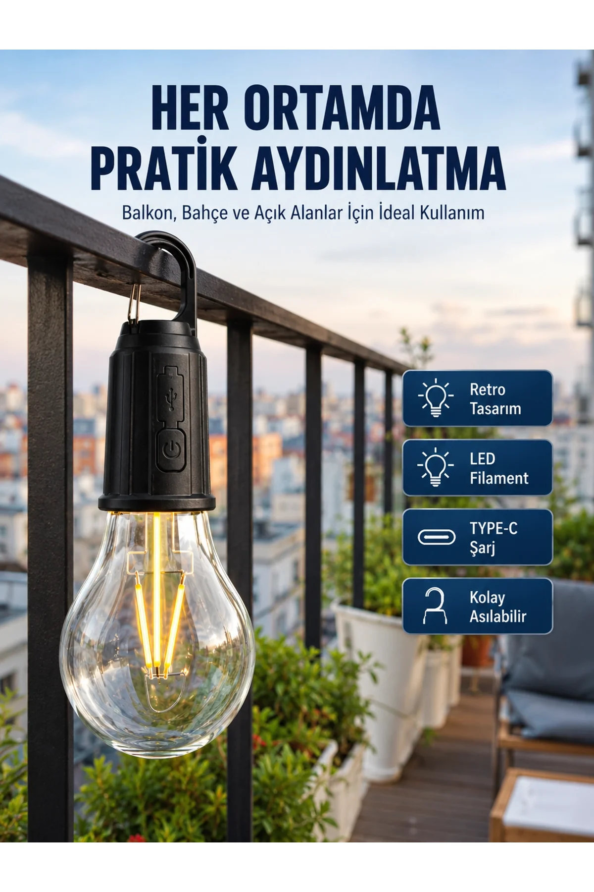 Şarjlı Dekoratif Kamp Lambası Askılı Ampul Led Işık Type-c Girişli