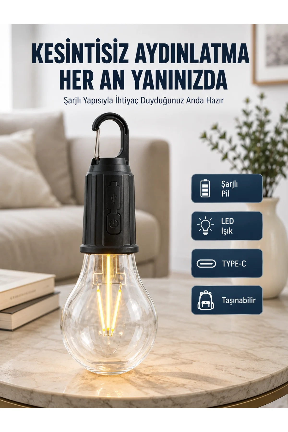 3 Farklı Mod Led'li Şarjlı Asma Kancalı Kamp Lambası Taşınabilir Ampul