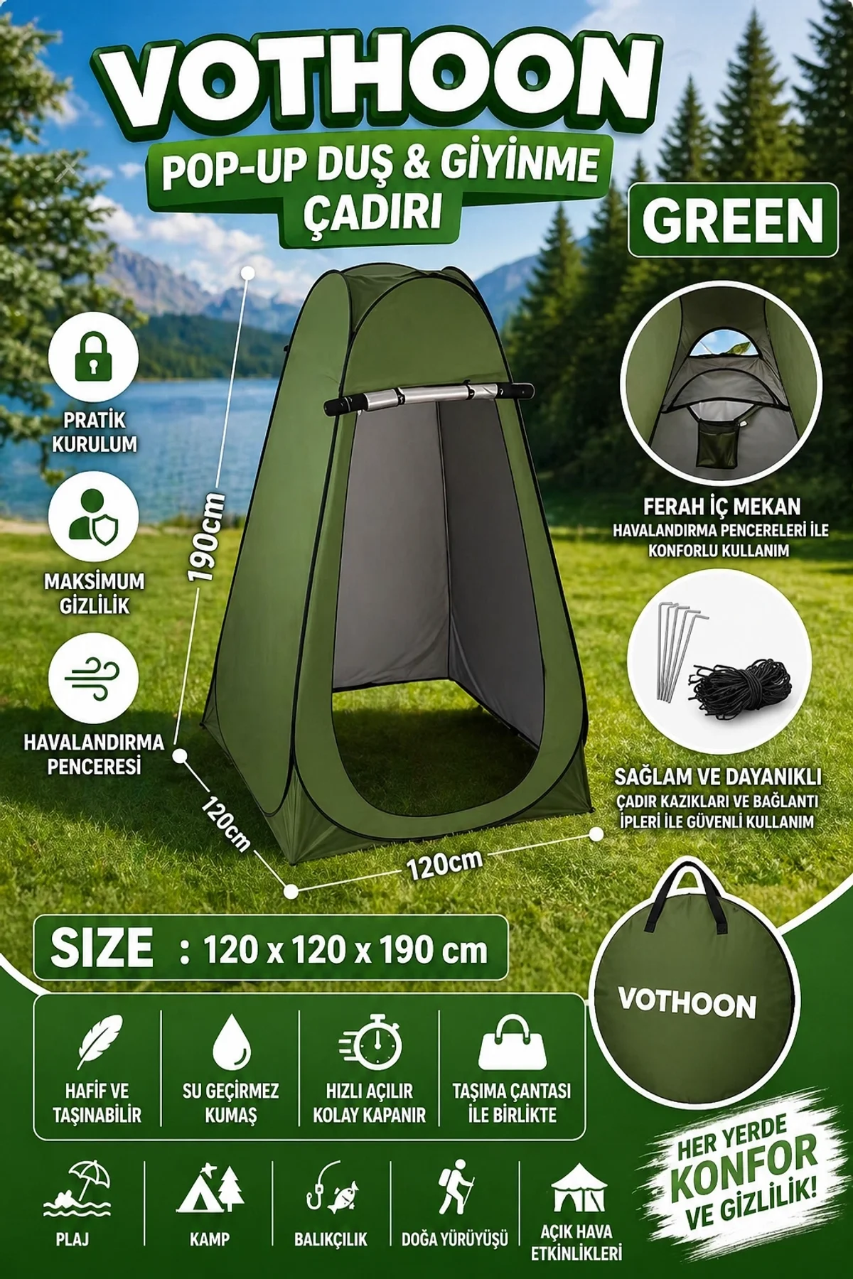 Otomatik Kabin Giyinme Çadırı 120x120x190 Cm Üst Havalandırma Yan Pencereli Duş &amp; Wc Çadırı