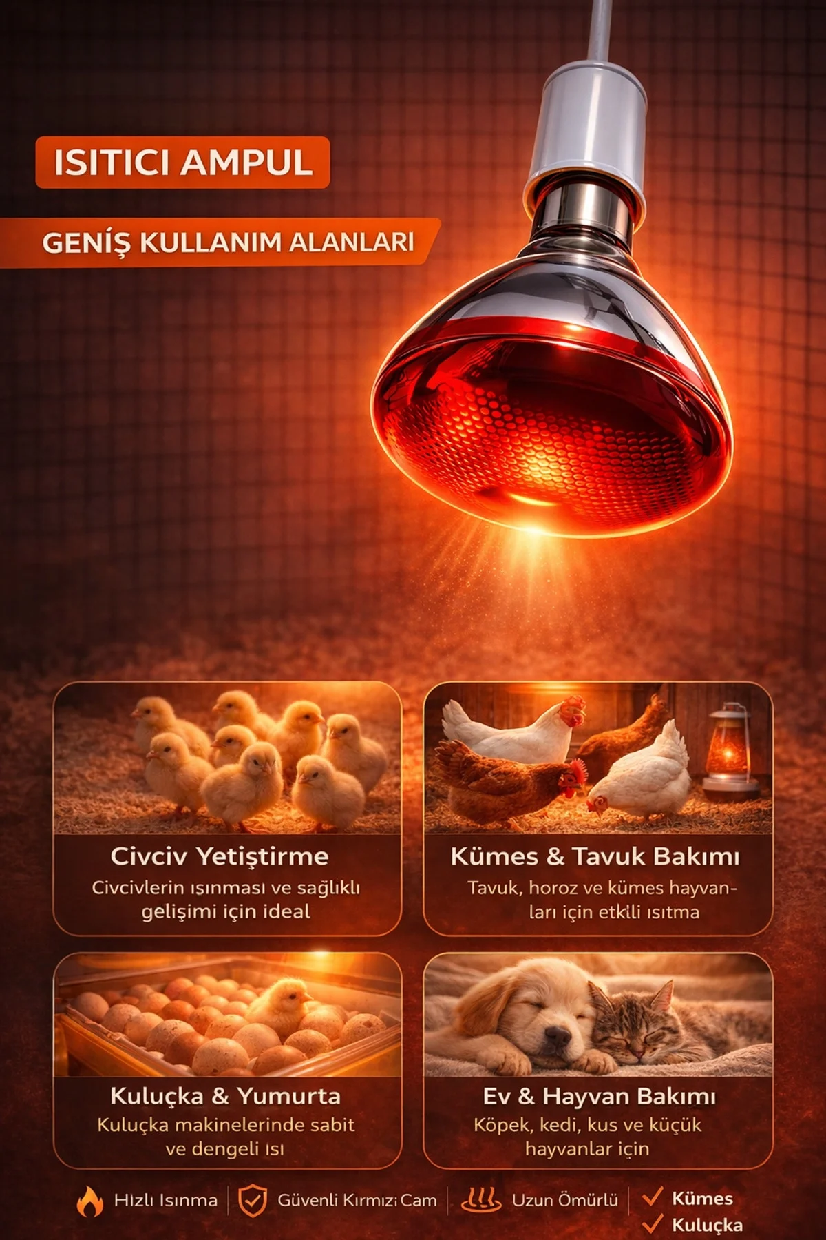 150w Isıtıcı Ampul Kırmızı Isı Lambası Civciv Kümes Kuluçka E27 Duy Isıtma Ampulü - Just Cheap Store Görsel 2