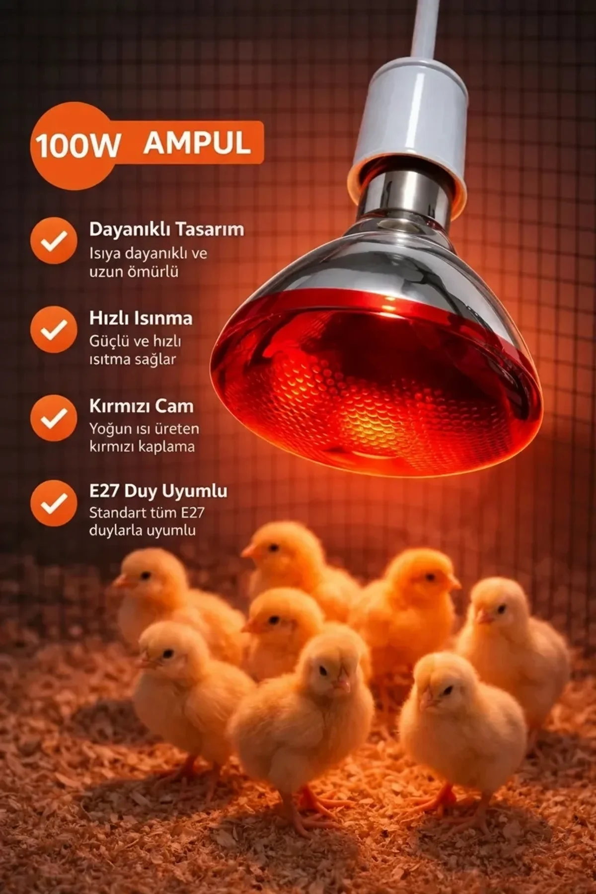 100w Isıtıcı Ampul Kırmızı Isı Lambası Civciv Kümes Kuluçka E27 Duy Isıtma Ampulü - Just Cheap Store Görsel 4