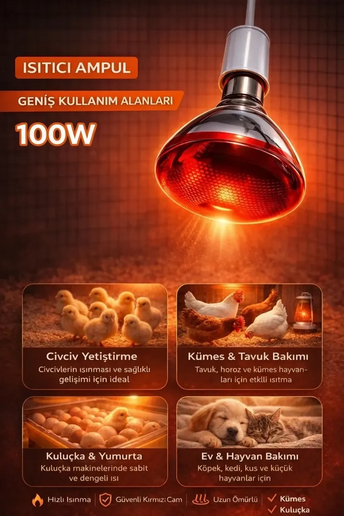 100w Isıtıcı Ampul Kırmızı Isı Lambası Civciv Kümes Kuluçka E27 Duy Isıtma Ampulü - Just Cheap Store Görsel 2