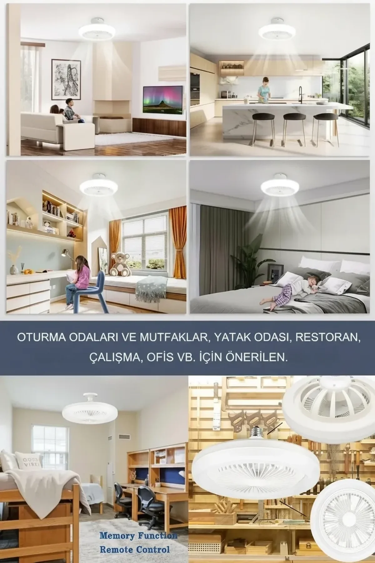 E27 Duylu Kumandalı Tavan Vantilatörlü Led Lamba 3 Hız Ve Renk Ayarlı Tavan Pervanesi