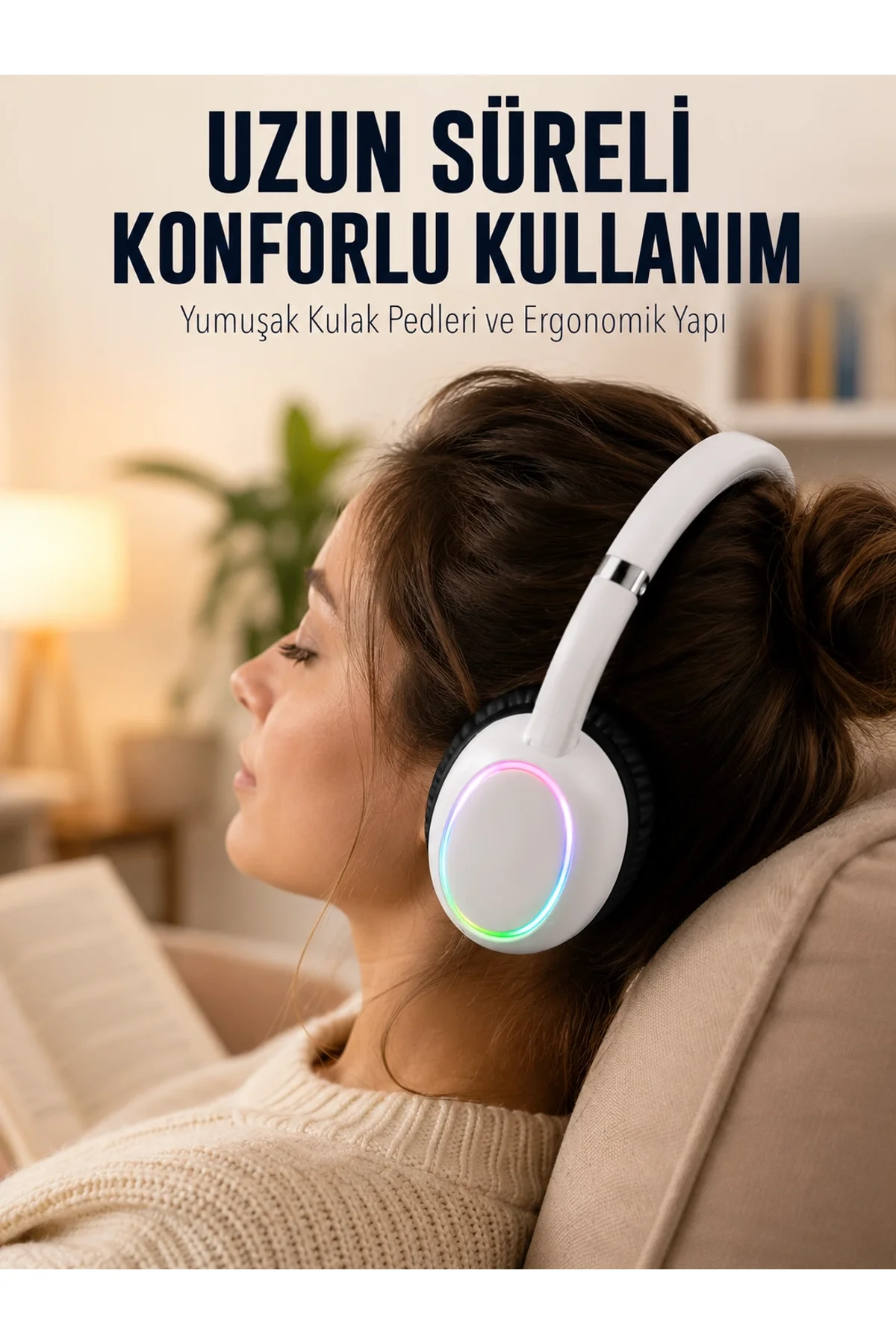 Beyaz Kablosuz Bluetooth Kulaklık Mikrofonlu Ergonomik Kulak Üstü Tasarım