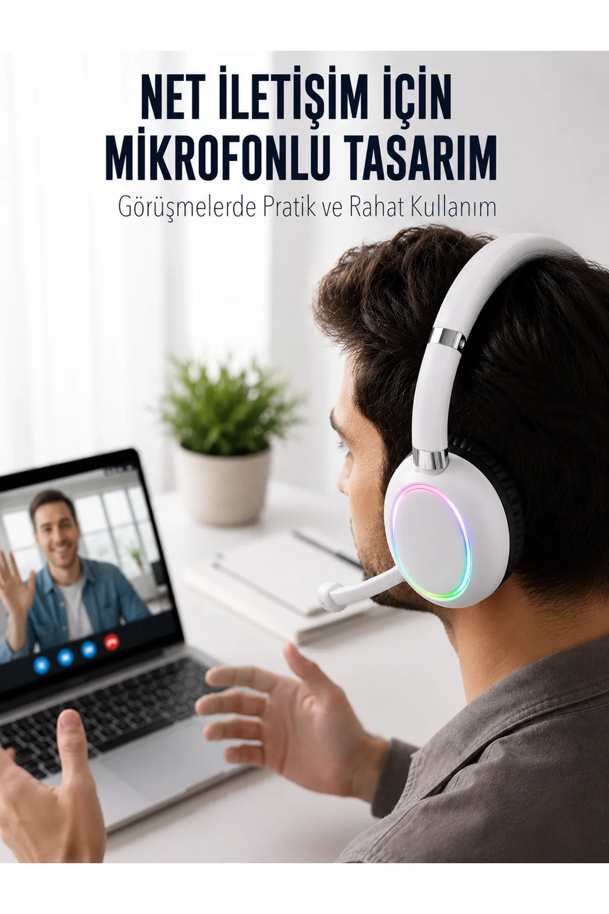 Bluetooth 5.0 Beyaz Kulak Üstü Kablosuz Kulaklık Mikrofonlu Rgb Aydınlatmalı