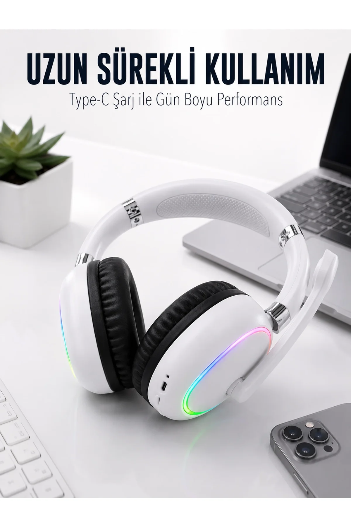 Beyaz Bluetooth 5.0 Mikrofonlu Kablosuz Kulak Üstü Kulaklık Rgb Işıklı Type-c Şarjlı