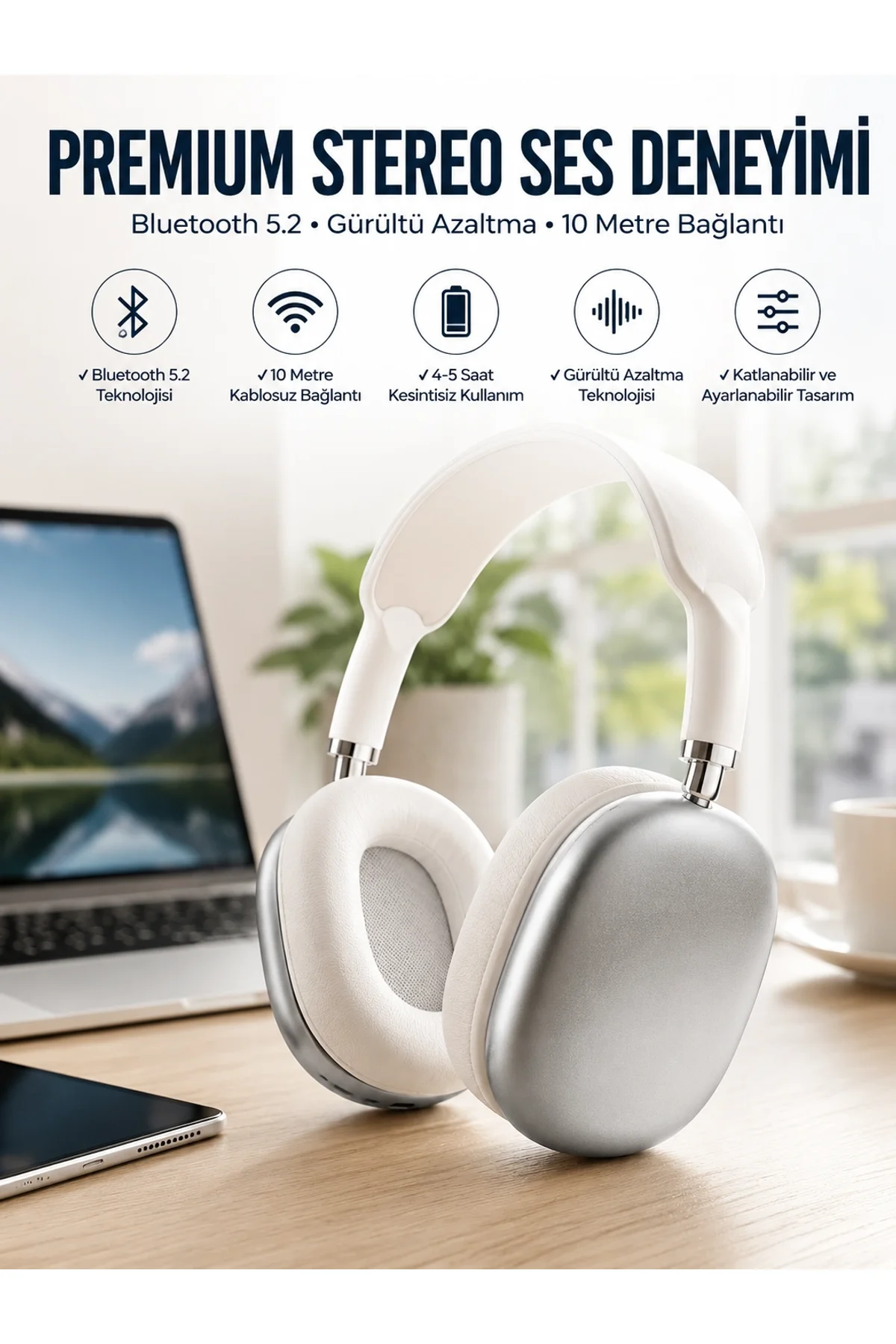P9 Plus Kablosuz Kulak Üstü Bluetooth Kulaklık Beyaz Yüksek Ses Kaliteli