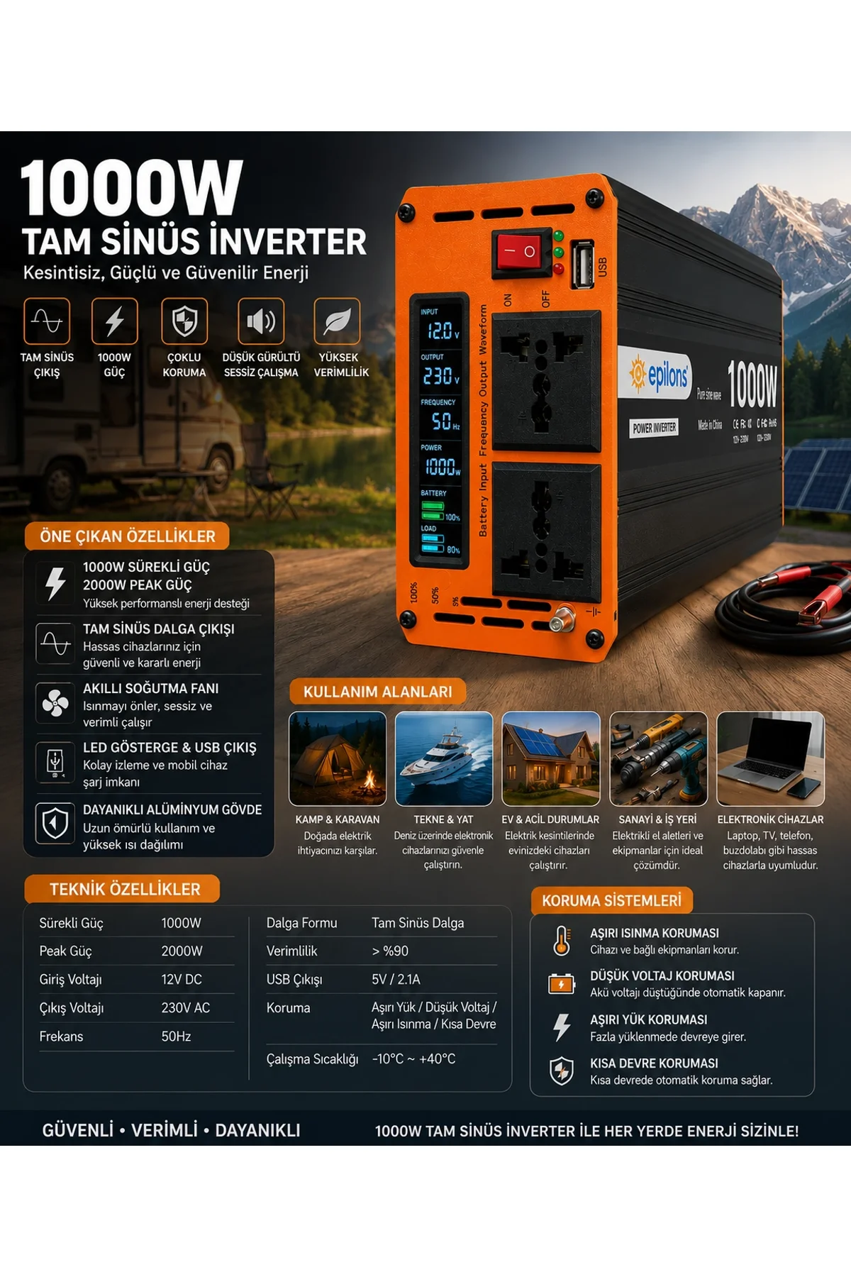 1000w Tam Sinüs İnverter 12v Ac Çevirici | Sessiz Fanlı, Usb Çıkışlı, Araç Karavan Tekne Solar Uyuml - Just Cheap Store Görsel 2