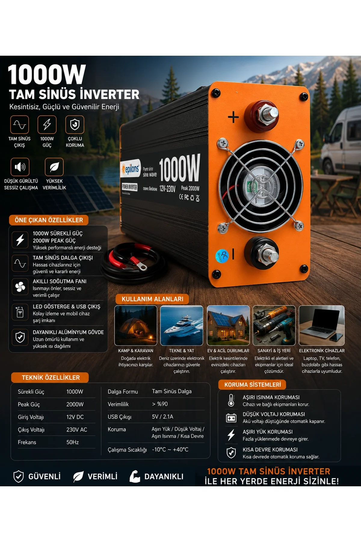 1000w Tam Sinüs İnverter 12v Ac Çevirici | Sessiz Fanlı, Usb Çıkışlı, Araç Karavan Tekne Solar Uyuml - Just Cheap Store Görsel 3
