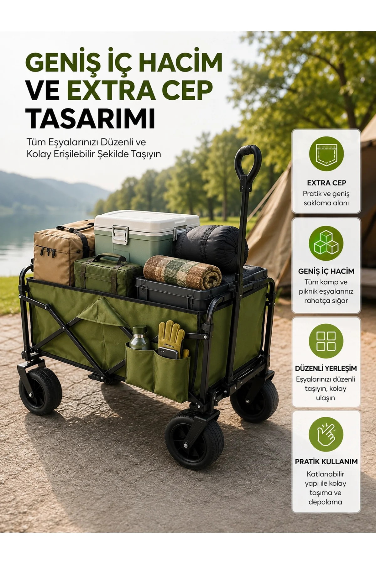 Geniş İç Hacimli Fren Sistemli Katlanabilir Kamp Ve Piknik Arabası