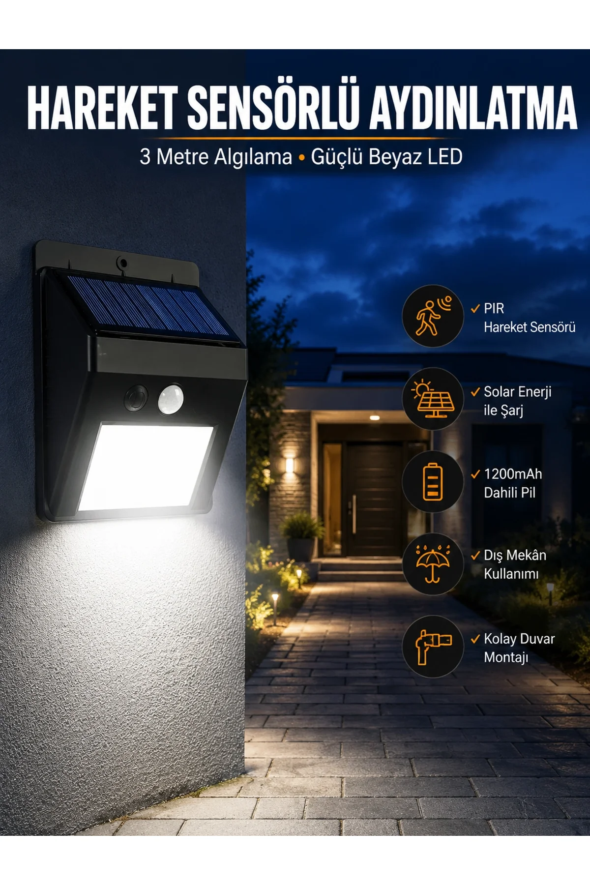 Solar Güneş Enerji Panelli Sensörlü Lamba Enerji Tasarruflu