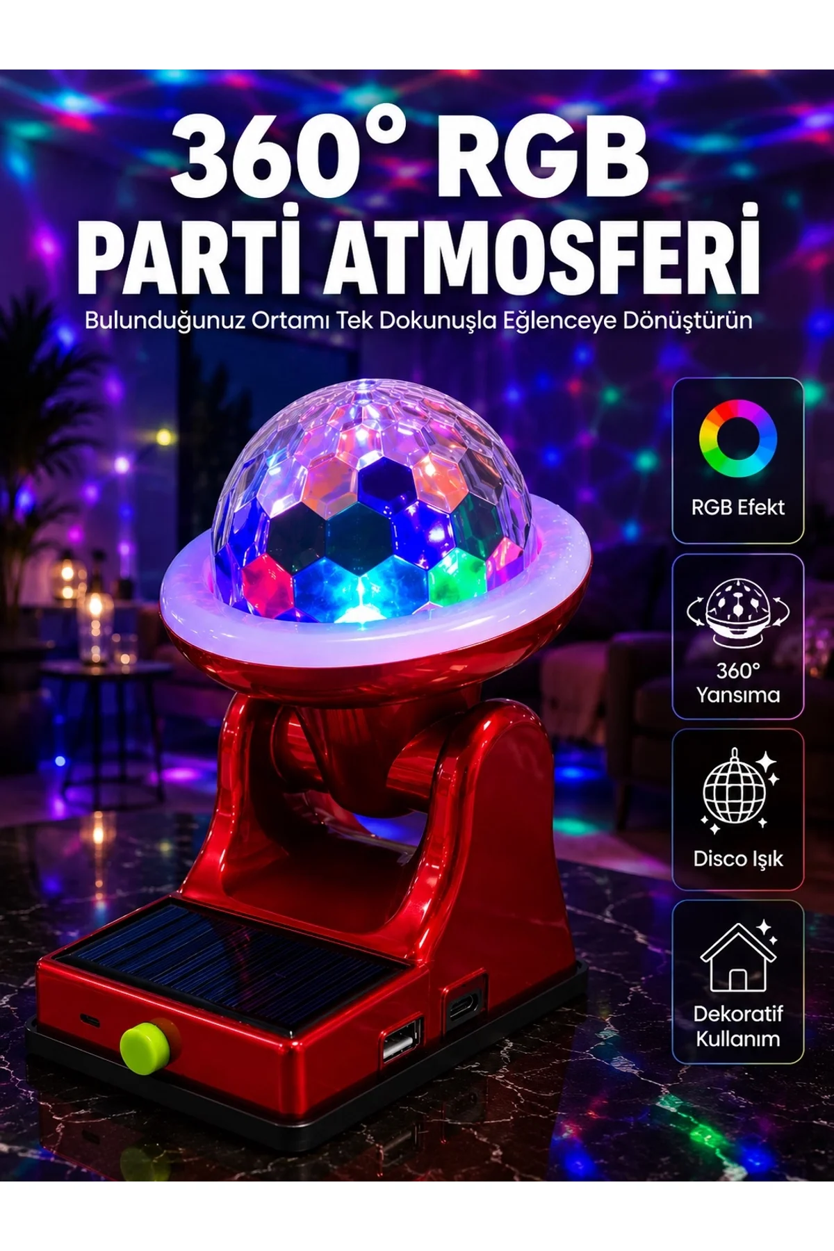 360° Rgb Led Disco Işığı Ayarlanabilir Başlıklı Güneş Enerjili Projektör Lamba