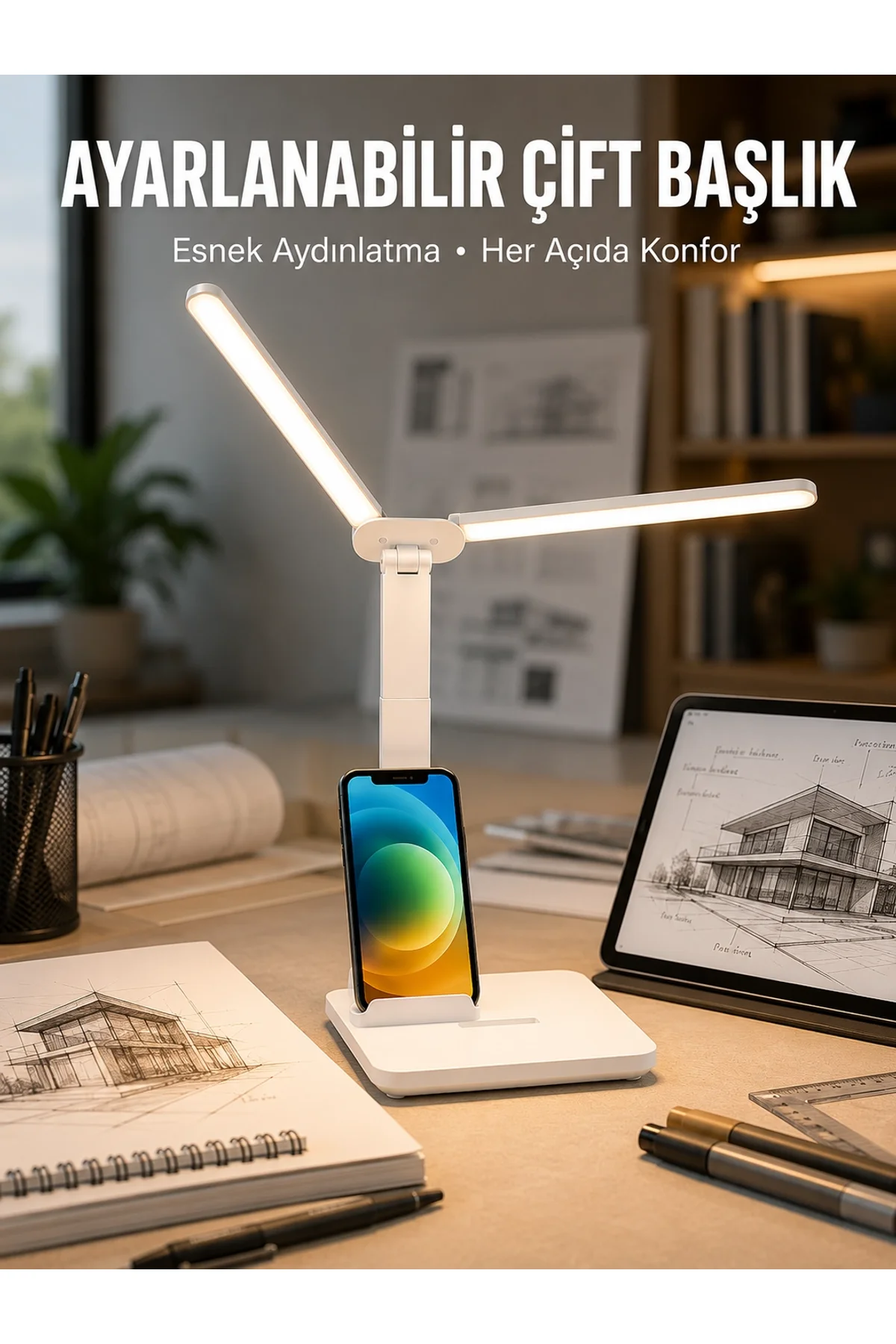 Ayarlanabilir Kısılabilir Led Masa Lambası | Entegre Kalemlik Ve Telefon Tutucu Özellikli Yeni Nesil