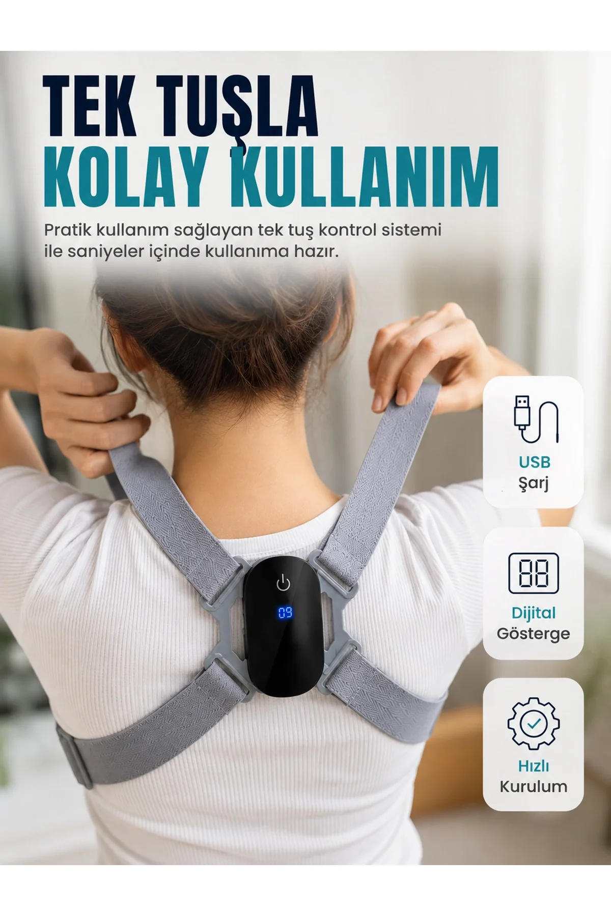 Ayarlanabilir Askılı Akıllı Dik Duruş Destekleyici Dijital Göstergeli Dik Duruş Cihazı