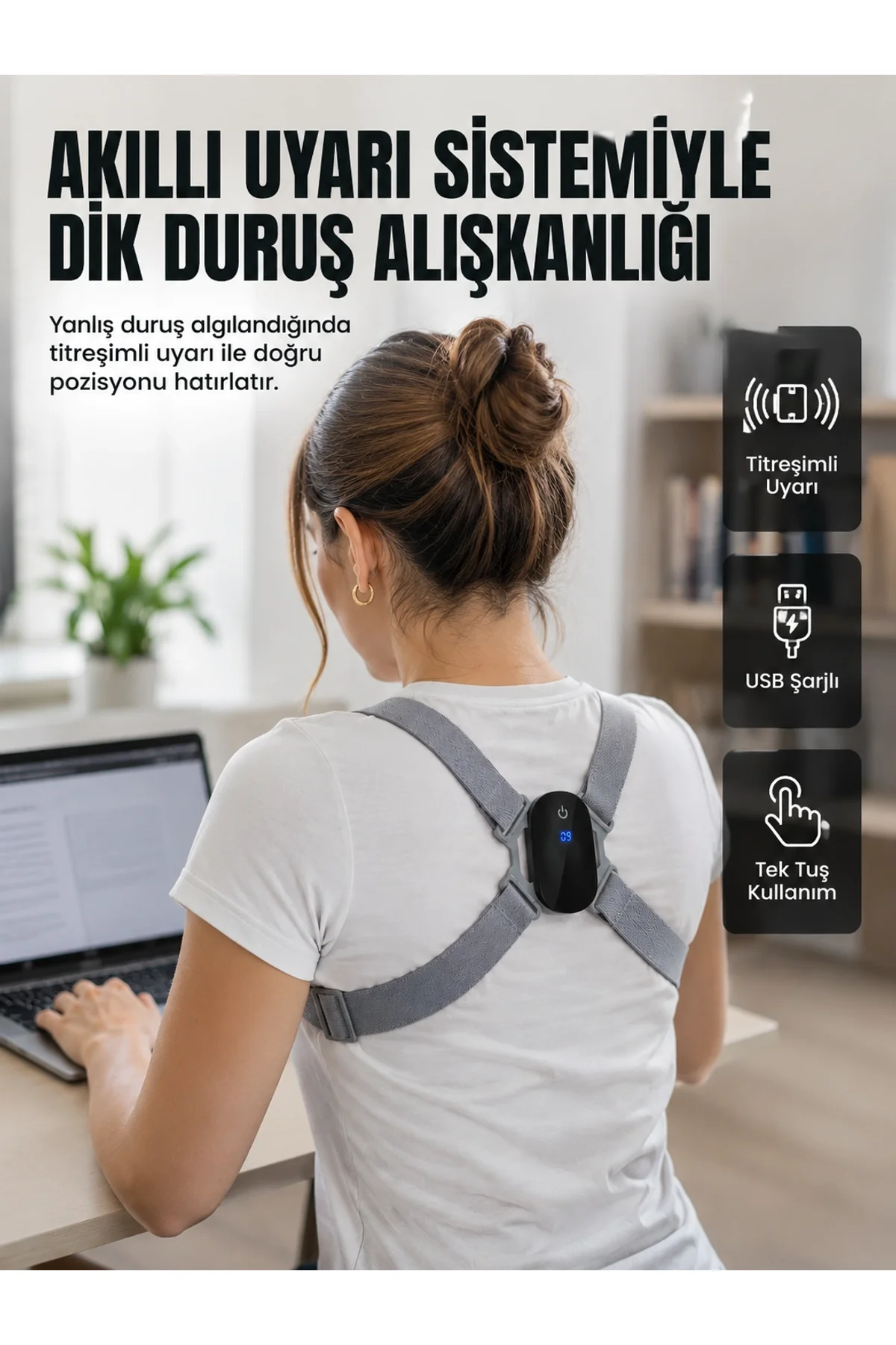 Akıllı Dik Duruş Düzeltici Titreşim Uyarılı Şarjlı Destek Cihazı