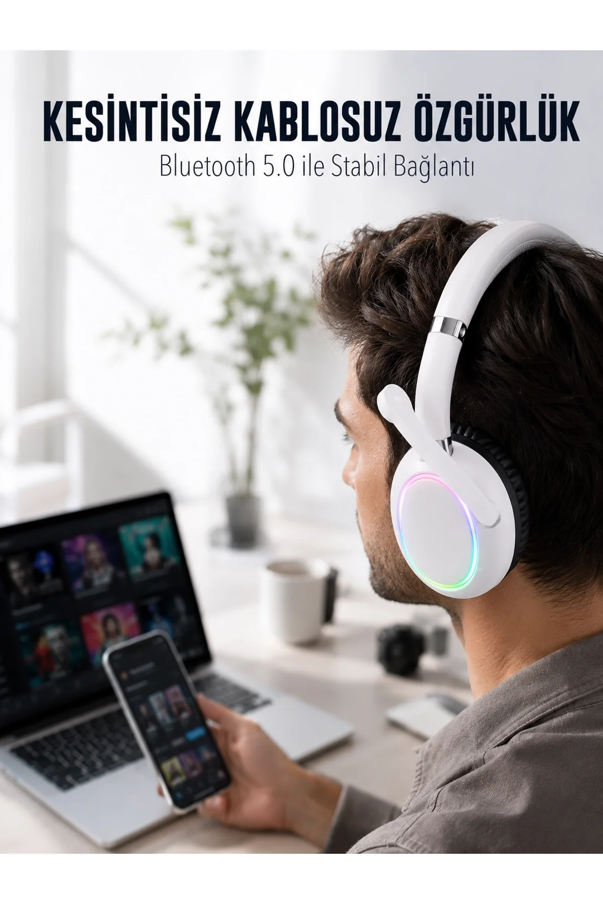 Rgb Işıklı Mikrofonlu Bluetooth Kulaklık Beyaz Over-ear Tasarım Type-c Şarjlı