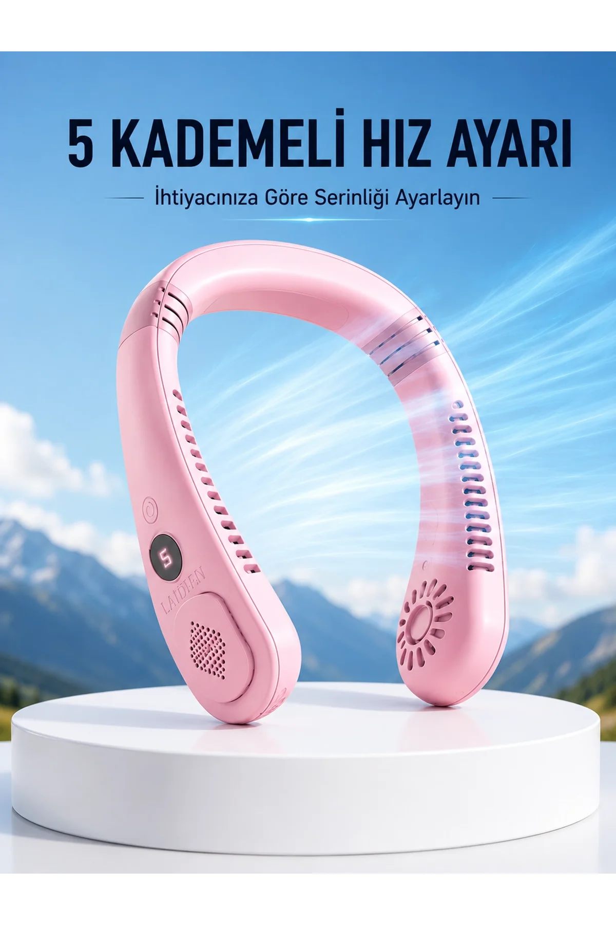Pembe Taşınabilir Boyun Fanı Ergonomik Tasarım Çok Kademeli Hava Akışı