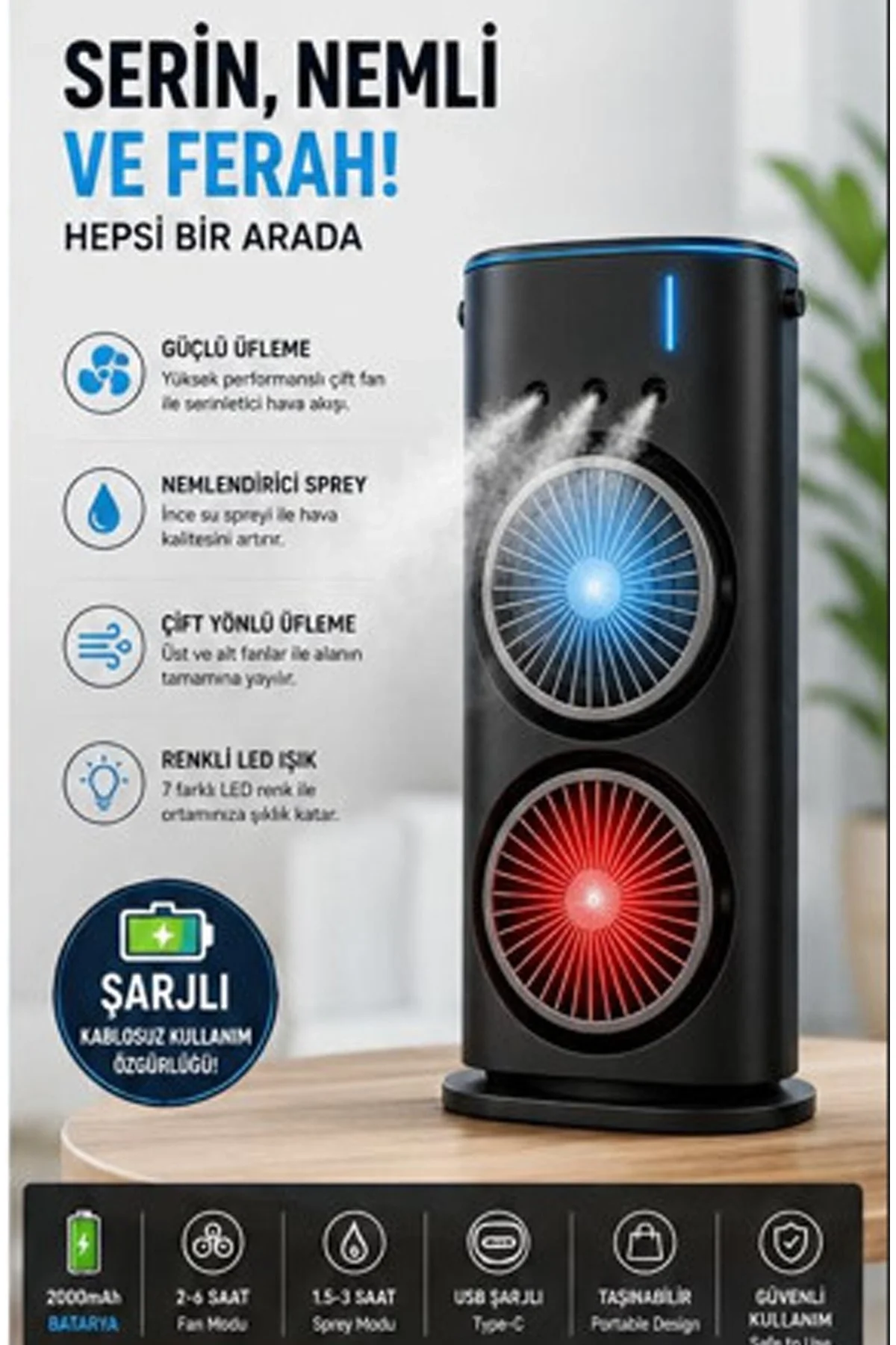 Vothoon Çift Başlıklı Sprey Fan Nemlendirici Ve Renkli Led Işıklı Siyah - Just Cheap Store Görsel 3