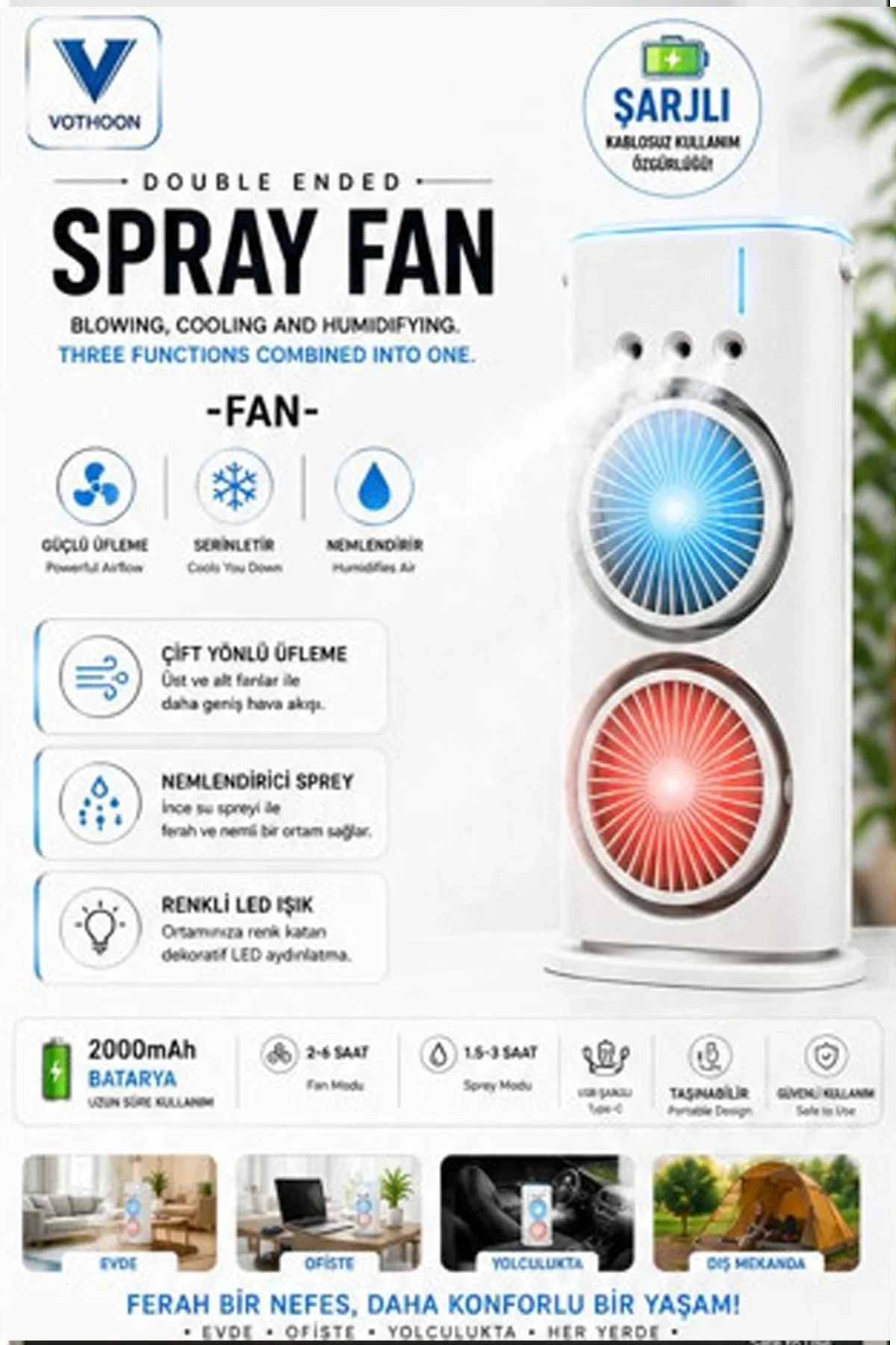 Vothoon Çift Başlıklı Sprey Fan Nemlendirici Ve Renkli Led Işıklı Beyaz - Just Cheap Store Görsel 2