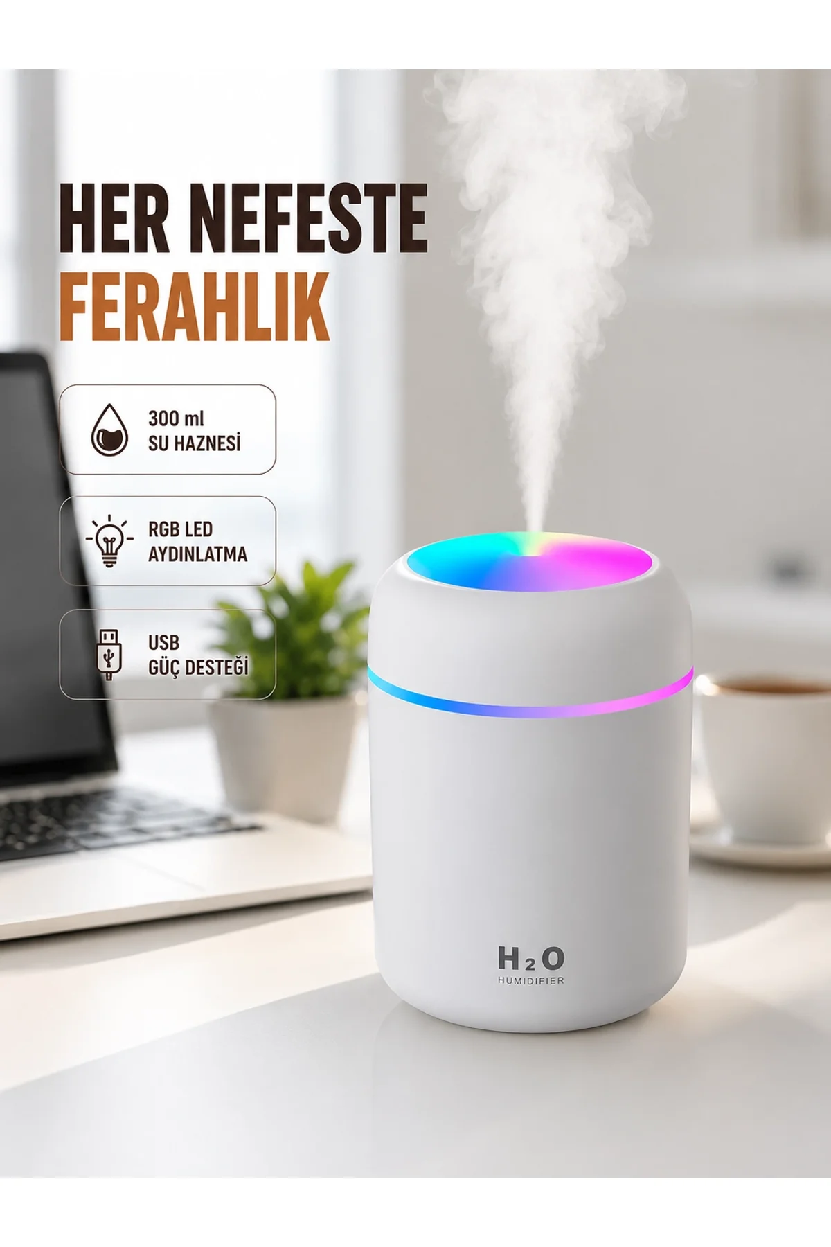 Abs Gövdeli 300ml Usb Nemlendirici – Beyaz, Gri, Pembe Renk