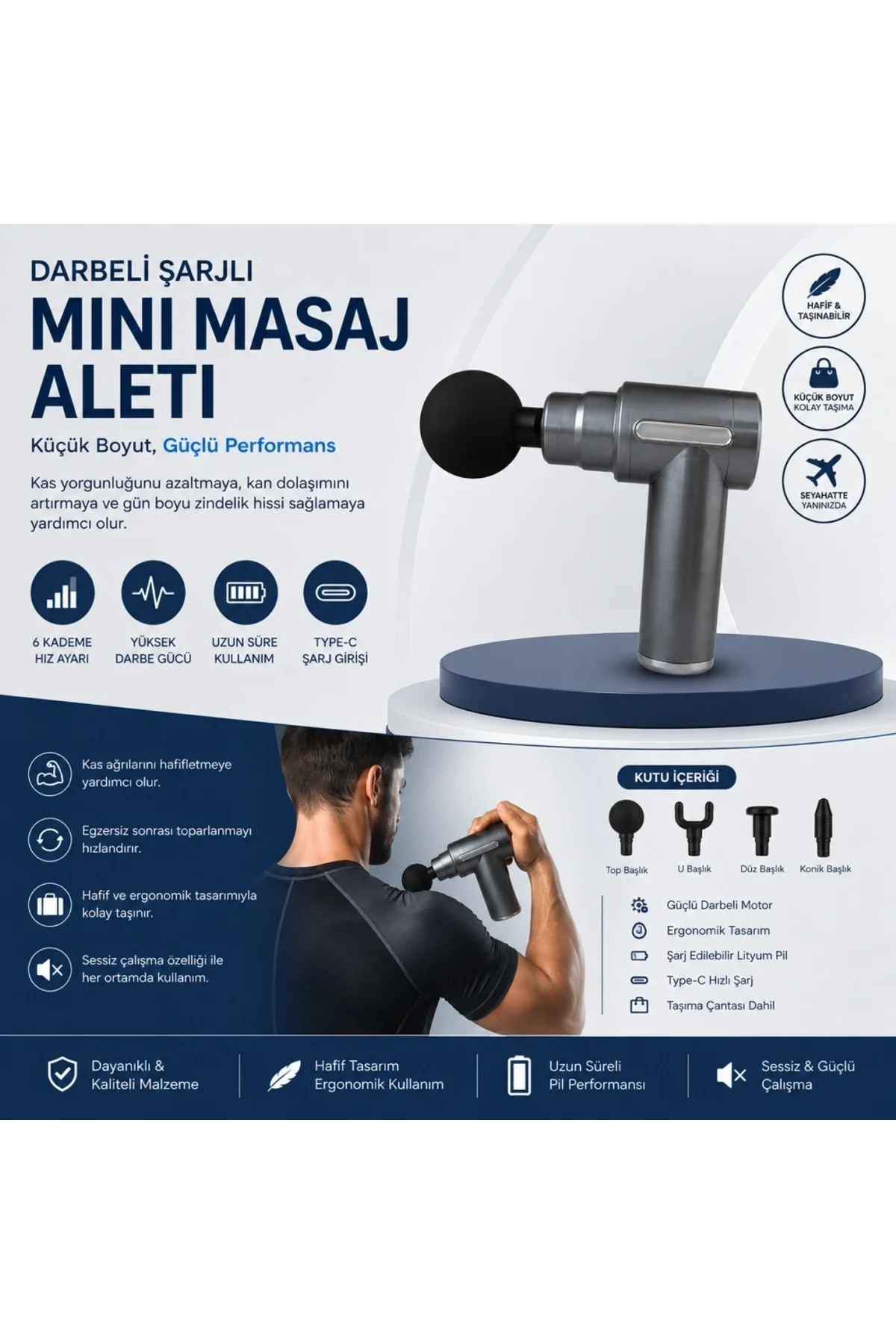 Darbeli Şarjlı Mini Masaj Aleti Type-c Şarjlı | 6 Kademeli | Sessiz | Sporcu Masaj Cihazı - Just Cheap Store Görsel 2