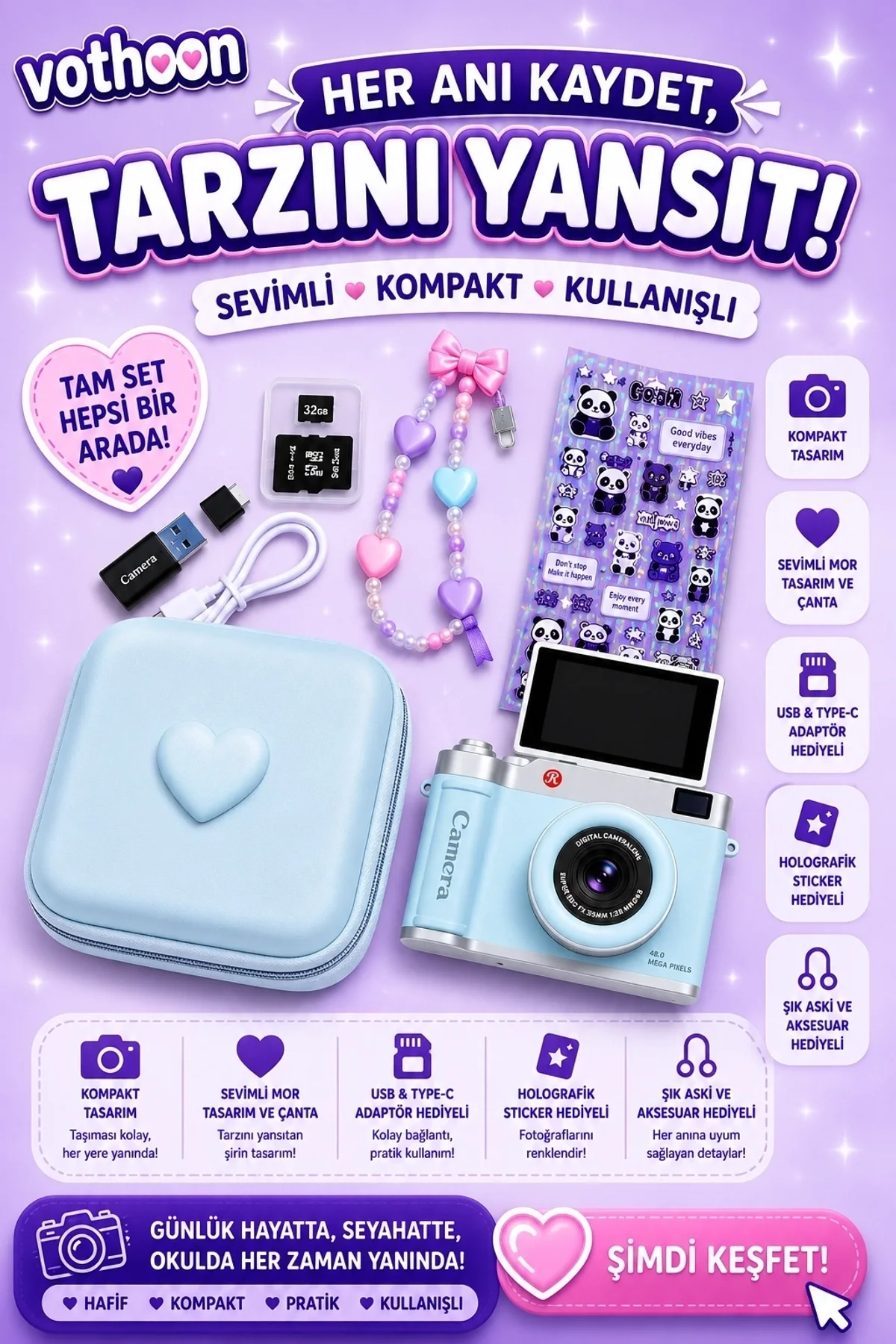 4k Çantalı Dijital Retro Video Kamera 48mp 16x Zoom Işıklı (32gb) Kart Dijital Fotoğraf Makinesi Mav