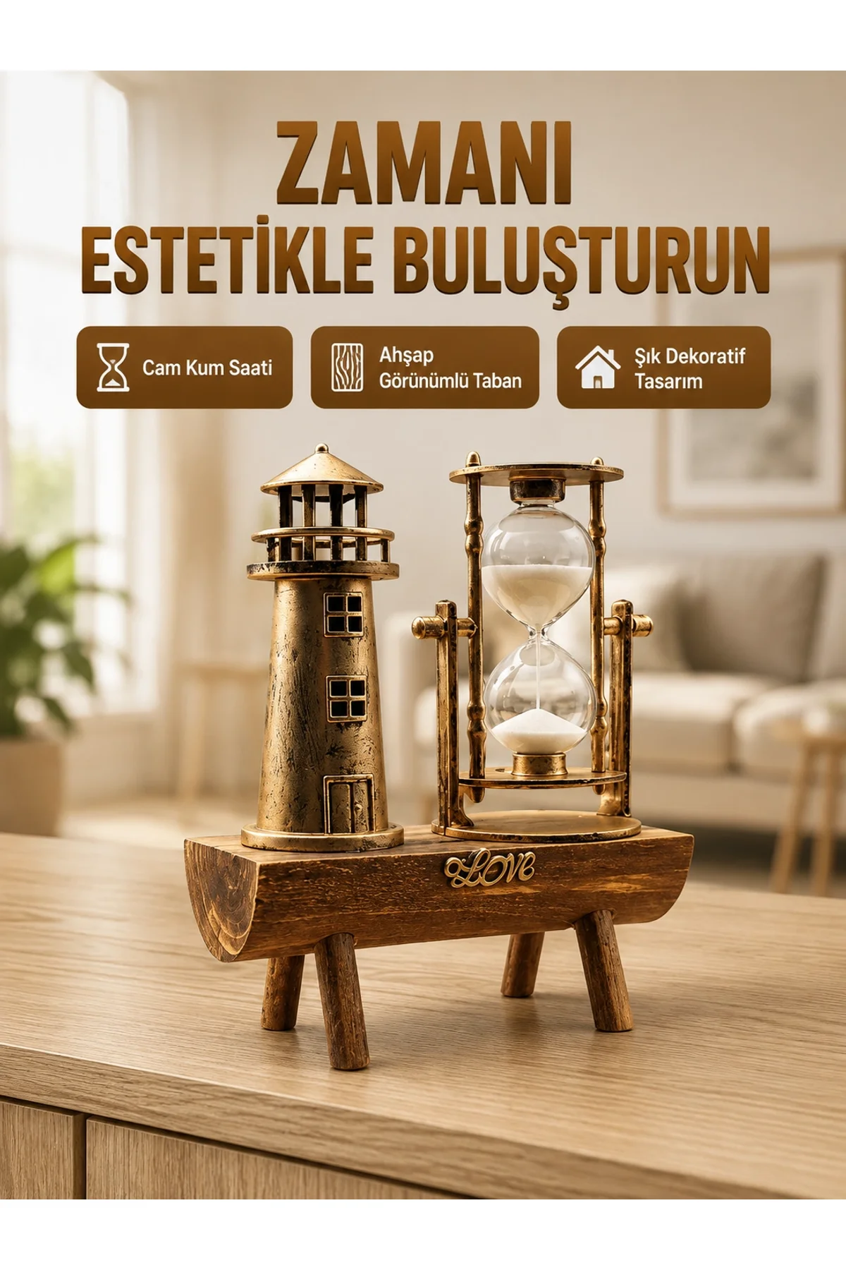 Deniz Feneri Tasarımlı Ahşap Kum Saati – Retro Masa Aksesuarı Yeni Nesil
