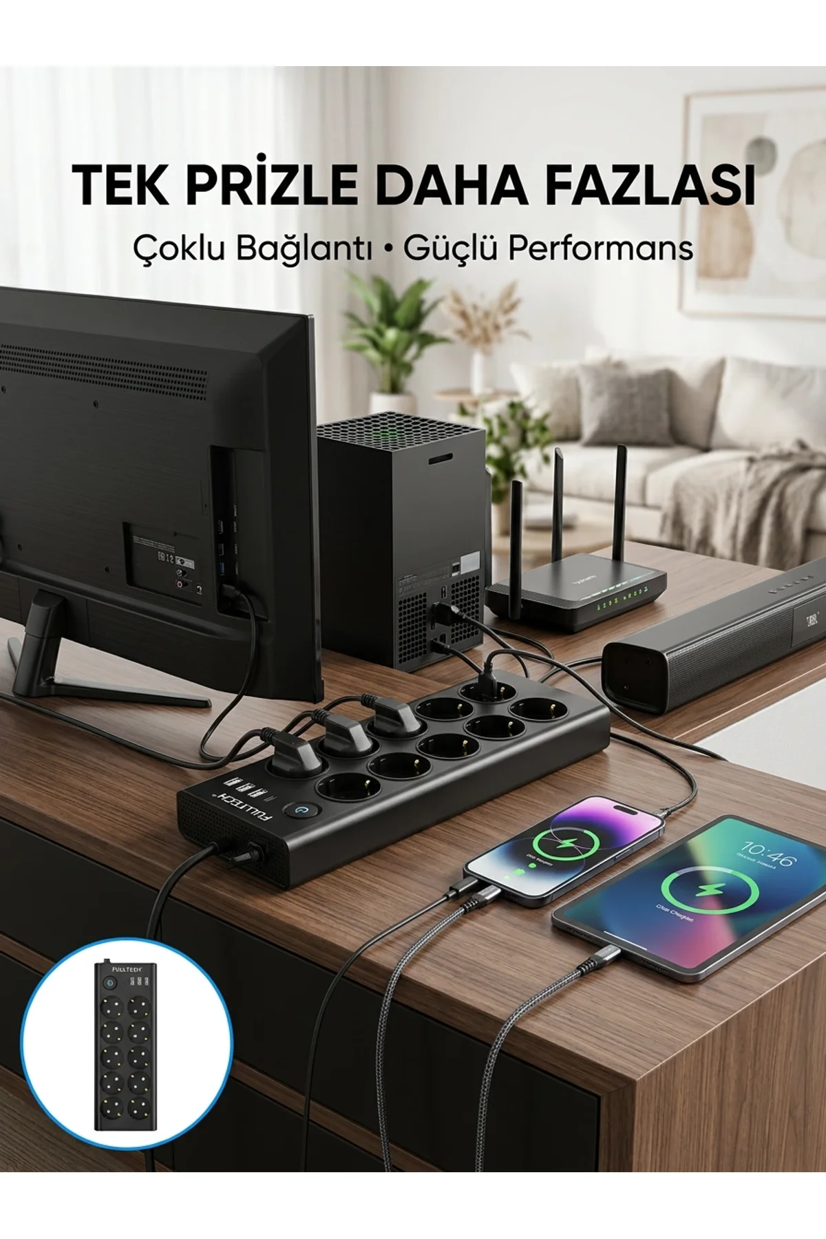 10 Prizli Usb Destekli Çoklu Priz Type-c Şarj Girişli Güvenli Güç Ünitesi
