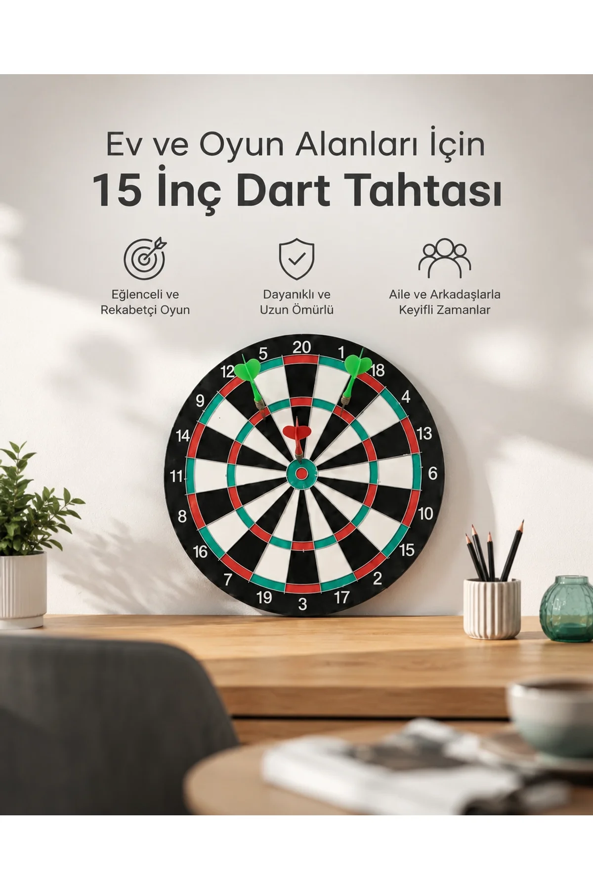 15 İnç Büyük Boy Dart Tahtası Ev Oyun Seti 4 Adet Metal Uç Oklu
