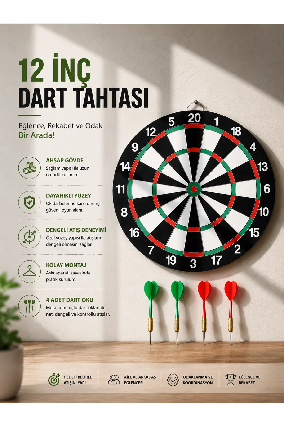12 İnç Ahşap Dart Tahtası 4 Adet Metal Uçlu Dart Oku Dahil