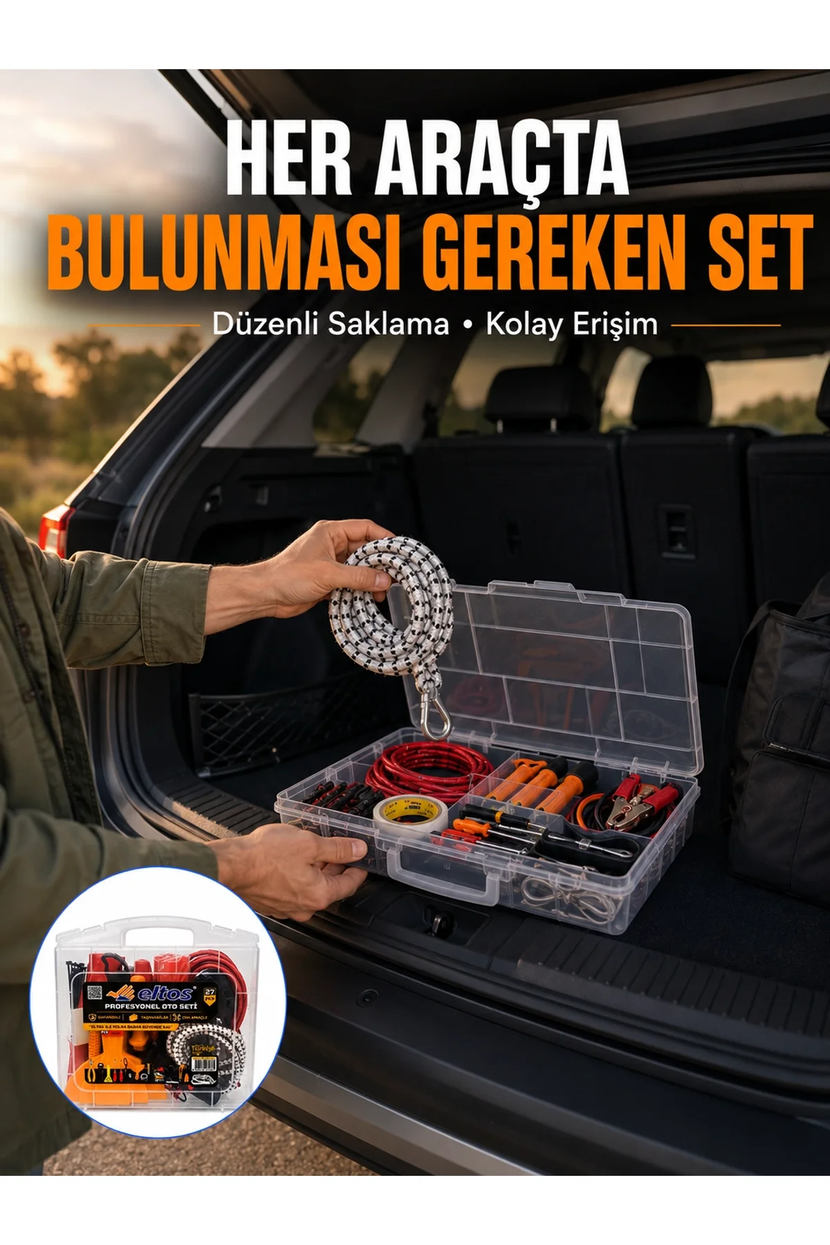 27 Parça Oto Güvenlik Ve Bakım Seti Şeffaf Taşıma Kutulu Araç Ekipman Çantasız