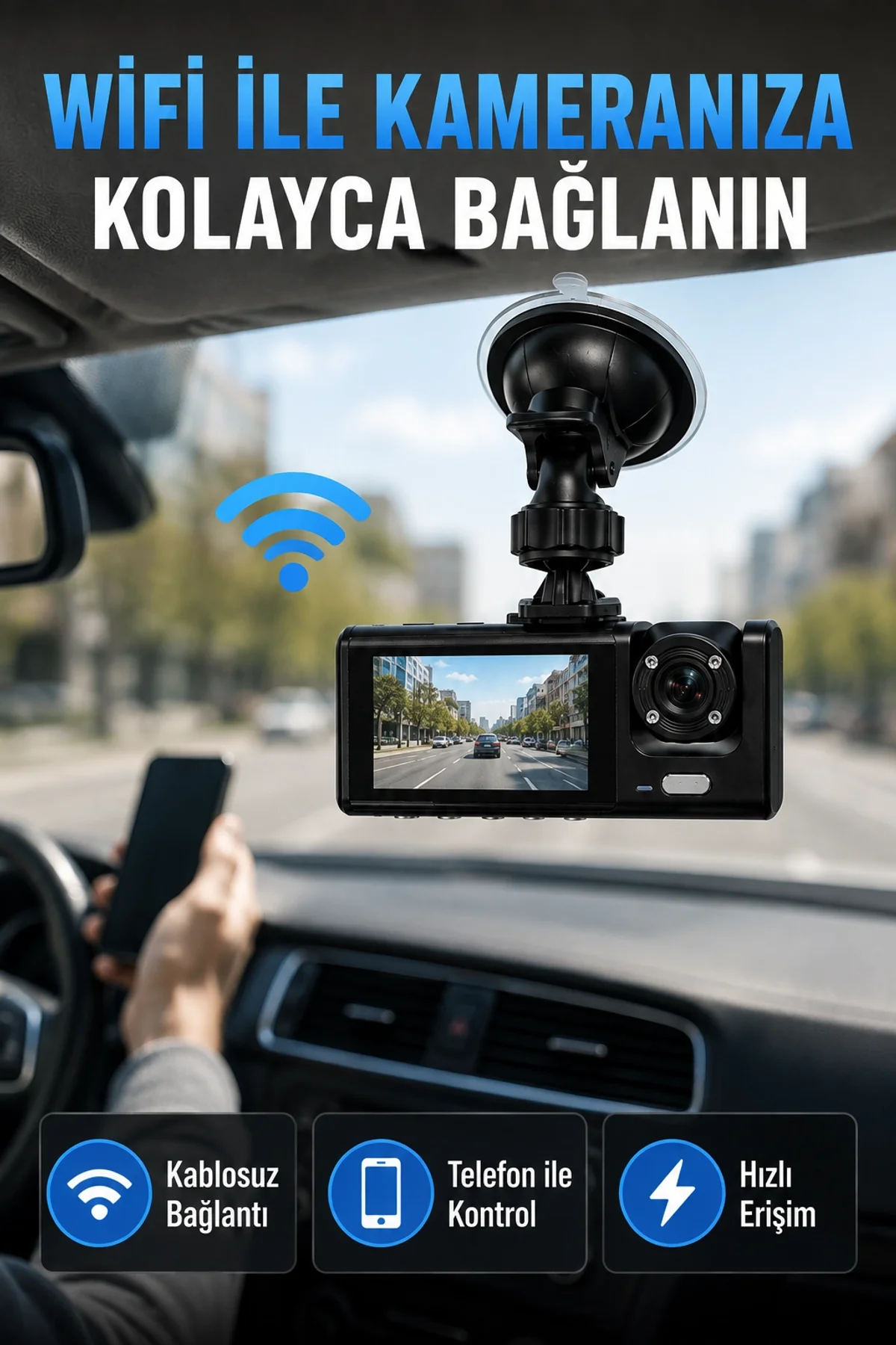 Çift Kameralı Wifi Araç Kamerası 170° Geniş Açı Full Hd Araç İçi Kayıt Sistemi