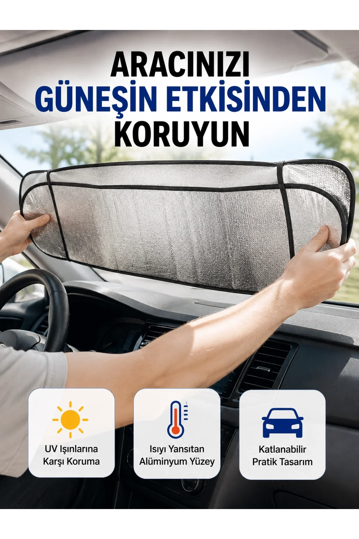 Metalize Reflektör Yüzeyli Uv Koruyucu Araç Güneşliği – Serin Ve Güvenli Sürüşler İçin