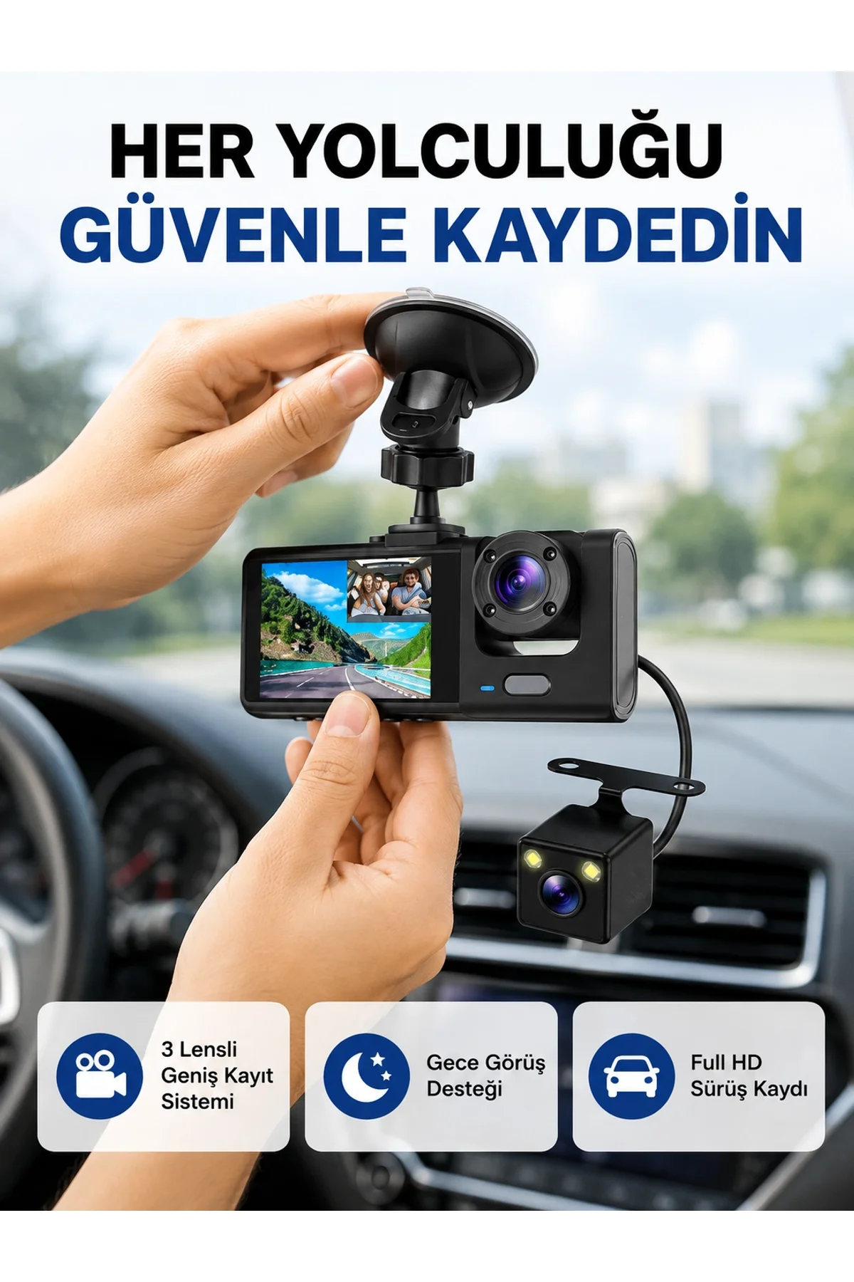 Üç Kameralı Araç İçi Kayıt Sistemi Full Hd Gece Görüşlü Ve G-sensör Destekli