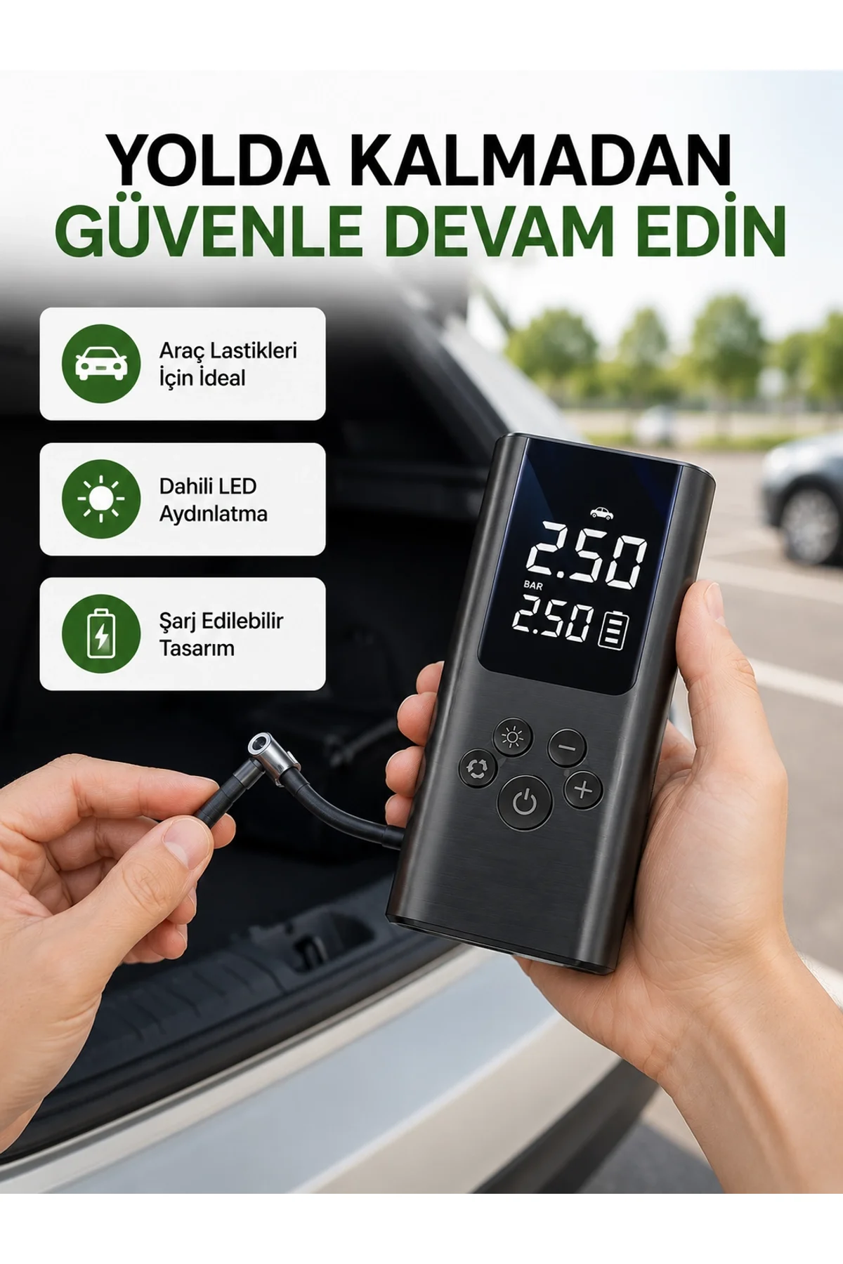 Usb Şarjlı Taşınabilir Hava Kompresörü Dijital Ekranlı